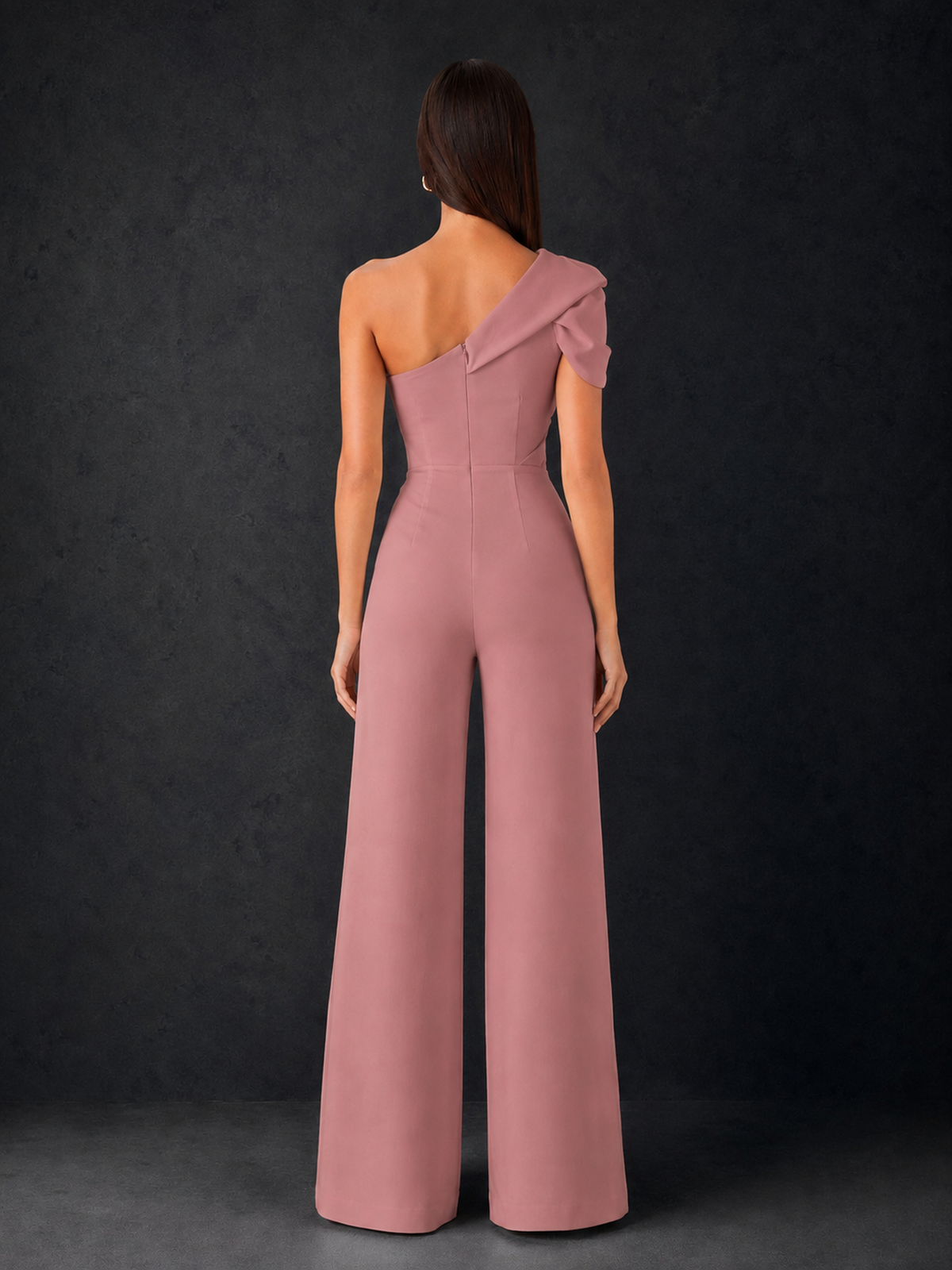 BOLODOO Dusty Rose One-Shoulder Puff Sleeve Wide-Leg Jumpsuit with Front Slit and Open Back - Dusty Rose