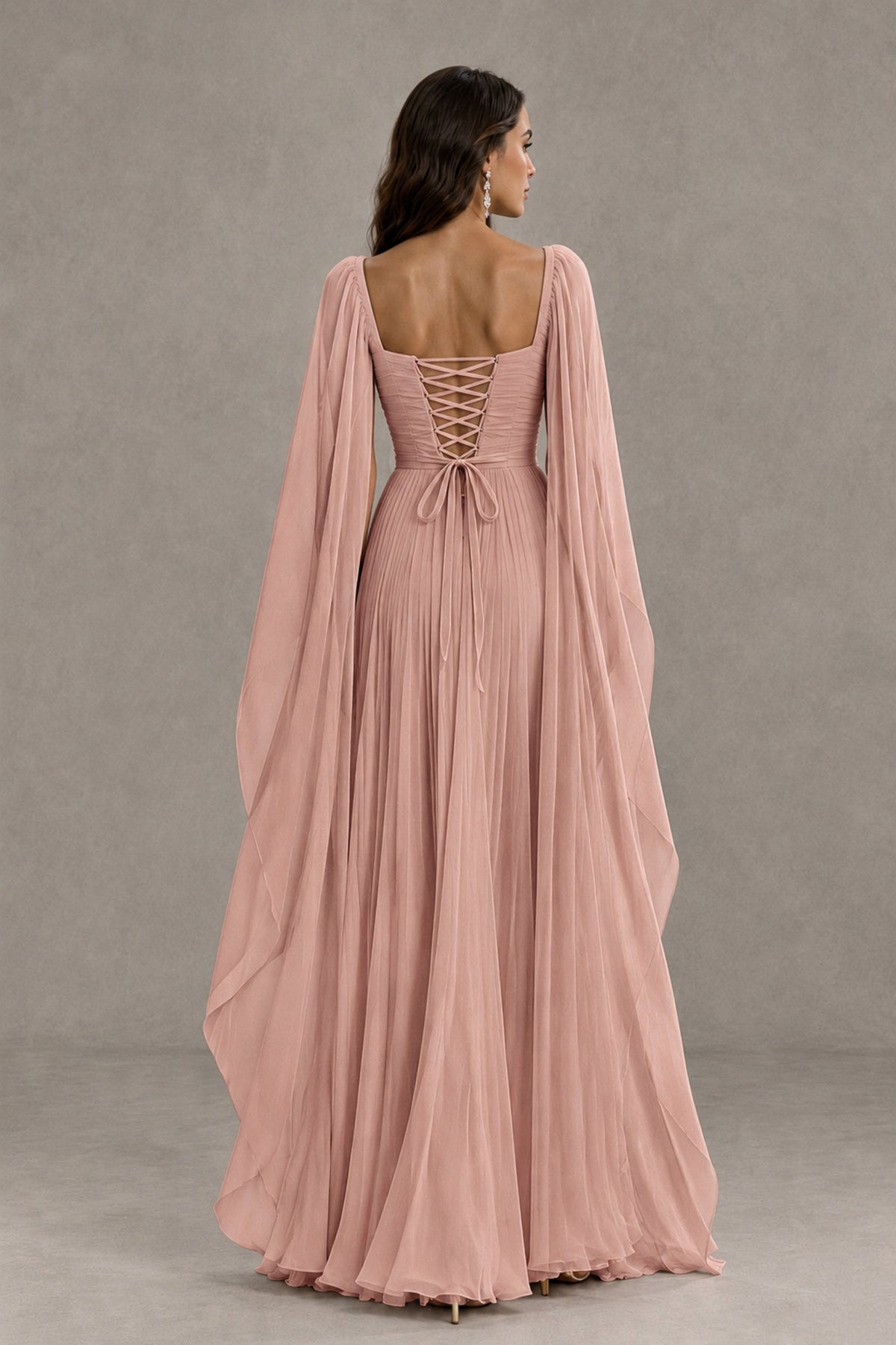 BOLODOO Dusty Rose Square Neck Cape Sleeve A-Line Evening Dress - Dusty Rose - Dusty_Rose_2