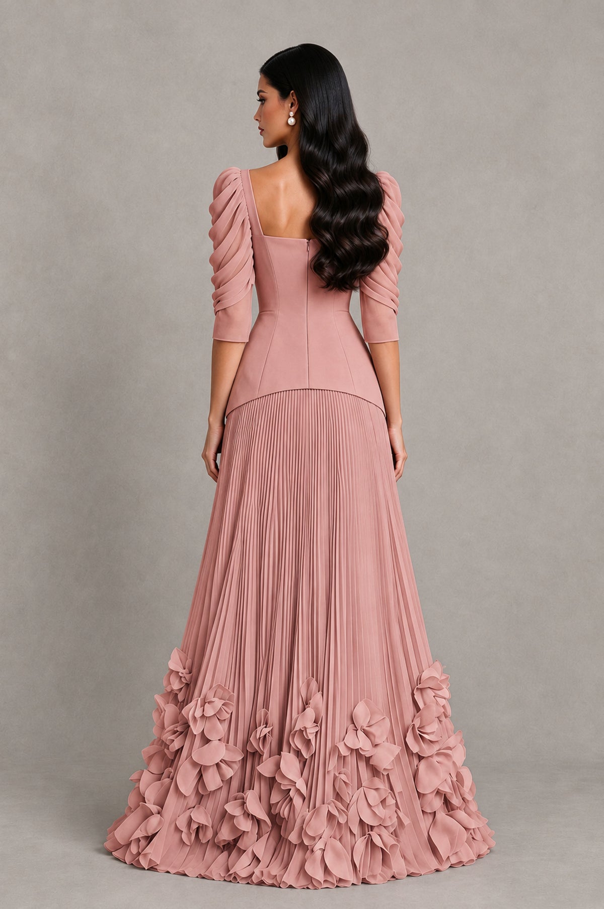 BOLODOO Dusty Rose Square Neck Pleated Floral Applique Evening Dress - Dusty Rose - Dusty Rose_2