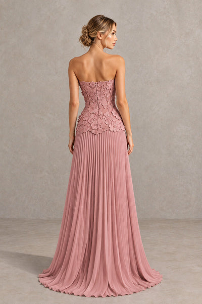 BOLODOO Dusty Rose Strapless Floral Applique Pleated Evening Dress - Dusty Rose - Dusty Rose_2