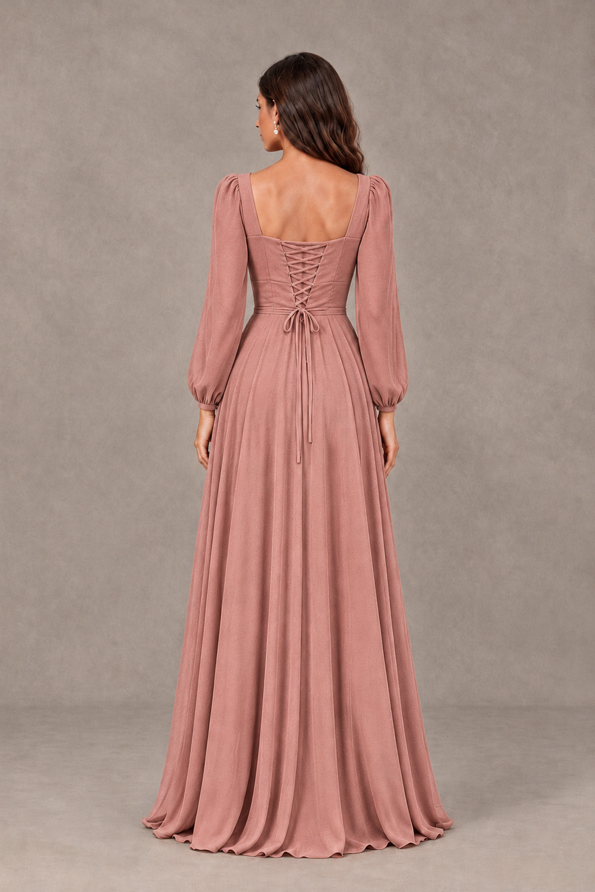 BOLODOO Dusty Rose Square Neck Long Sleeve A-Line Bridesmaid Dress - Dusty Rose - Dusty Rose_2
