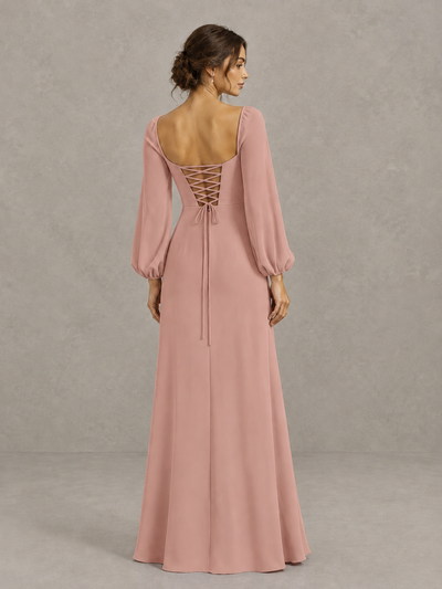 BOLODOO Dusty Rose Square Neck Long Sleeve Bridesmaid Dress with High Slit - Dusty Rose - Dusty Rose_2