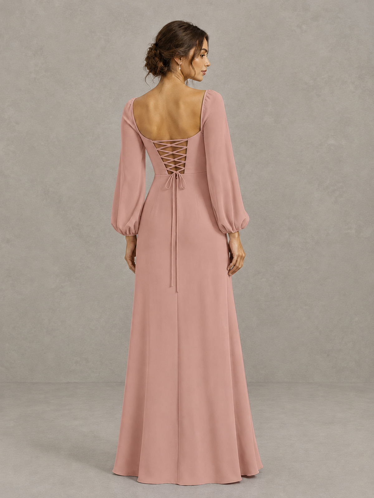 BOLODOO Dusty Rose Square Neck Long Sleeve Bridesmaid Dress with High Slit - Dusty Rose - Dusty Rose_2