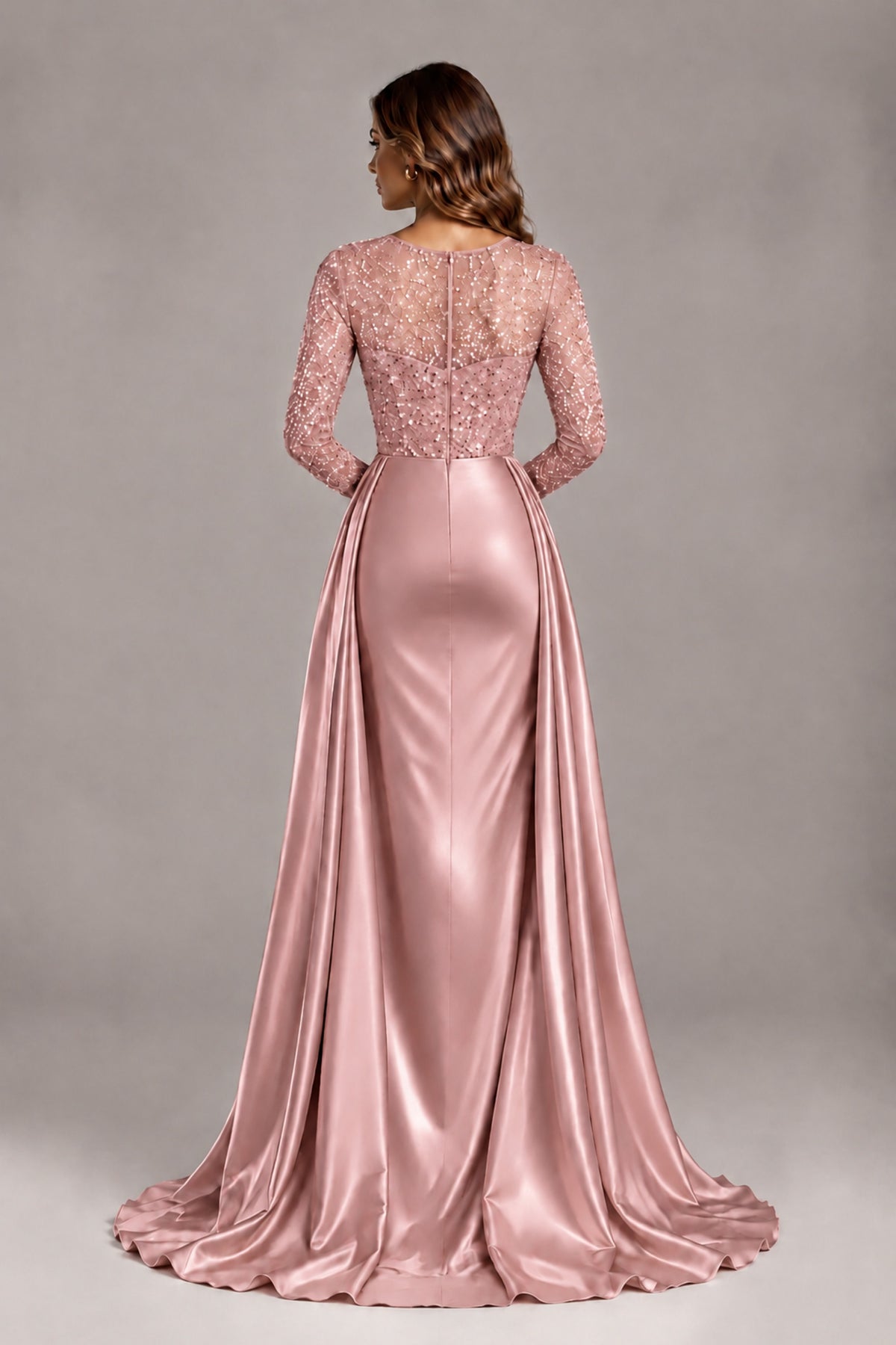 BOLODOO Dusty Rose Long Sleeve Embellished Satin Evening Gown with Sweep Train - Dusty Rose - Dusty Rose_2