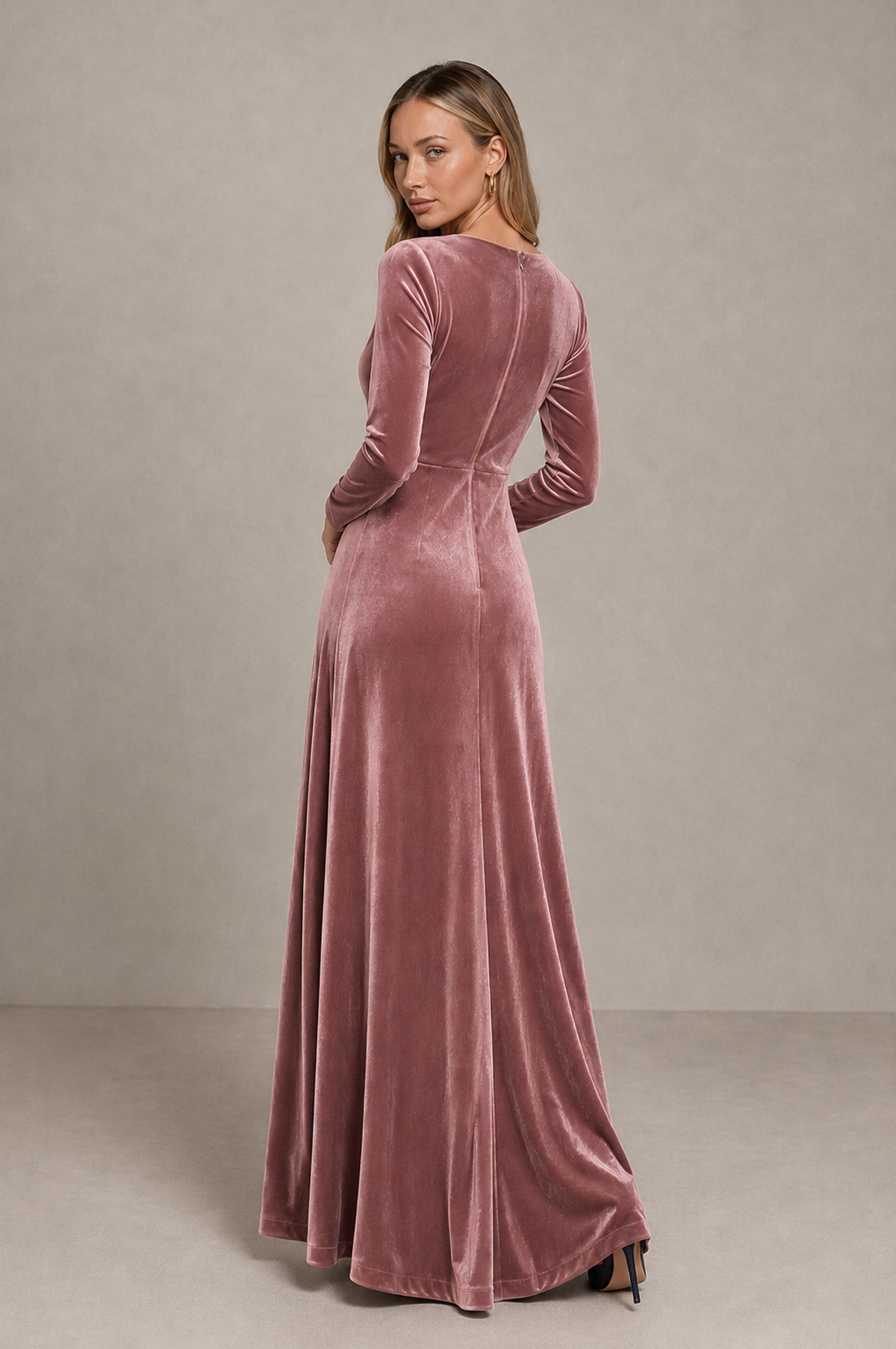 BOLODOO Dusty Rose Velvet Long Sleeve V-Neck Ruched Evening Dress - Dusty Rose - Dusty_Rose_2