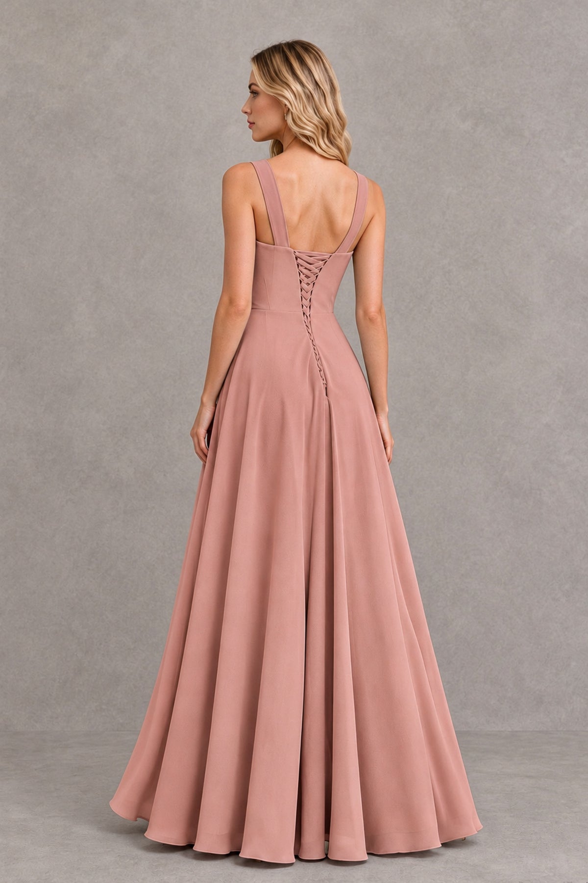 BOLODOO Dusty Rose Square Neck Ruffle A-Line Bridesmaid Dress with Slit - Dusty Rose - Dusty Rose_2