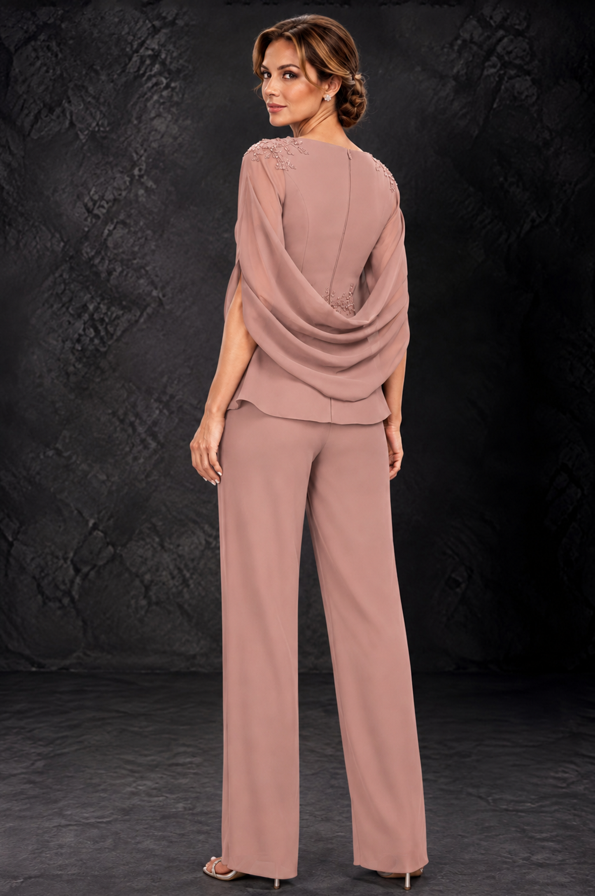 BOLODOO Dusty Rose Embellished Cape Sleeve Mother of the Bride Pantsuit - Dusty Rose - Dusty_Rose_2