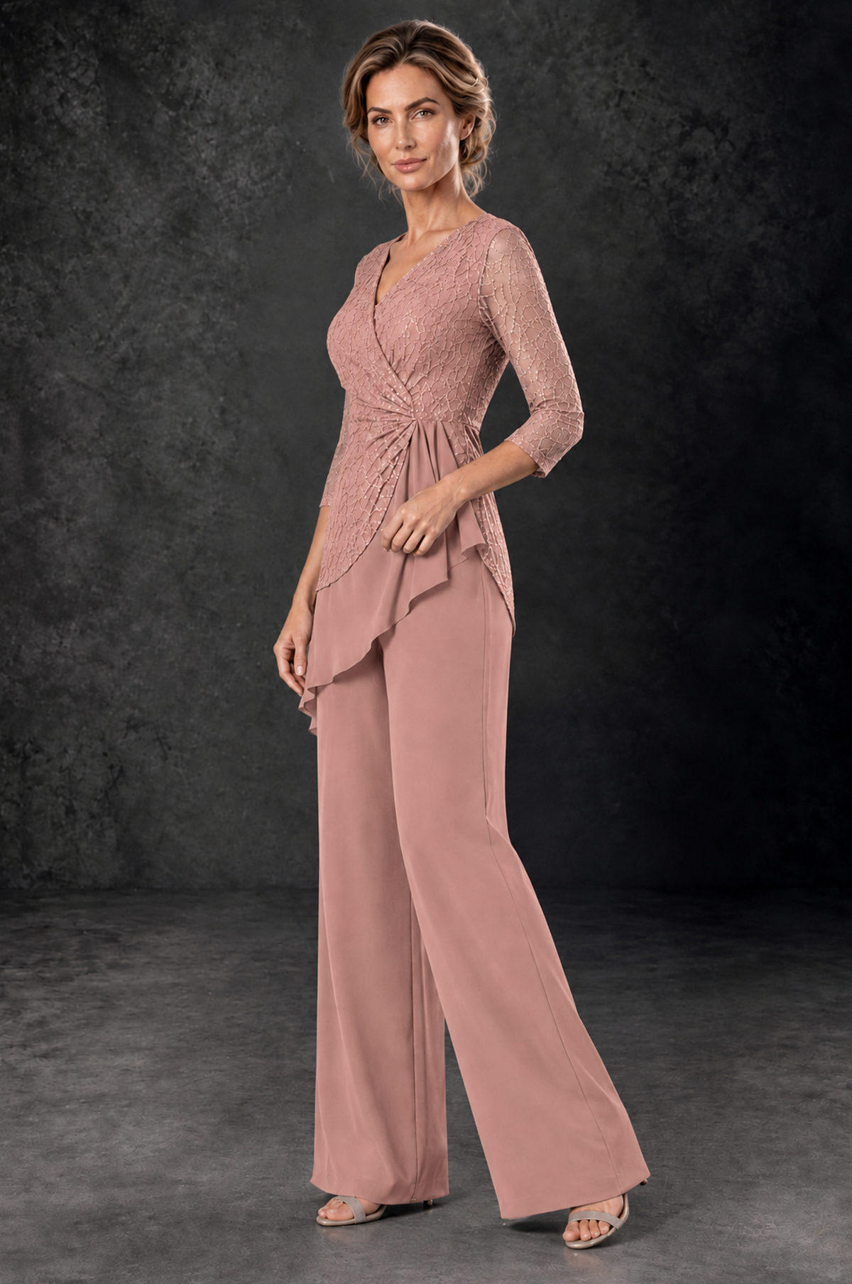 BOLODOO Dusty Rose Sequin Lace 3/4 Sleeve Chiffon Mother of the Bride Pant Suit - Dusty Rose - Dusty_Rose_2
