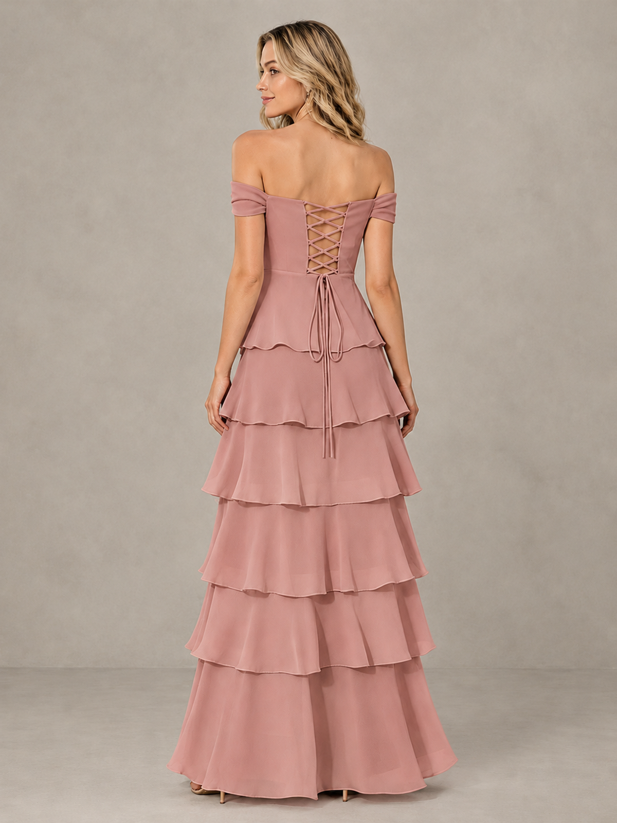BOLODOO Dusty Rose Off-Shoulder Tiered Ruffle Bridesmaid Dress with Lace-Up Back - Dusty Rose - Dusty Rose_2