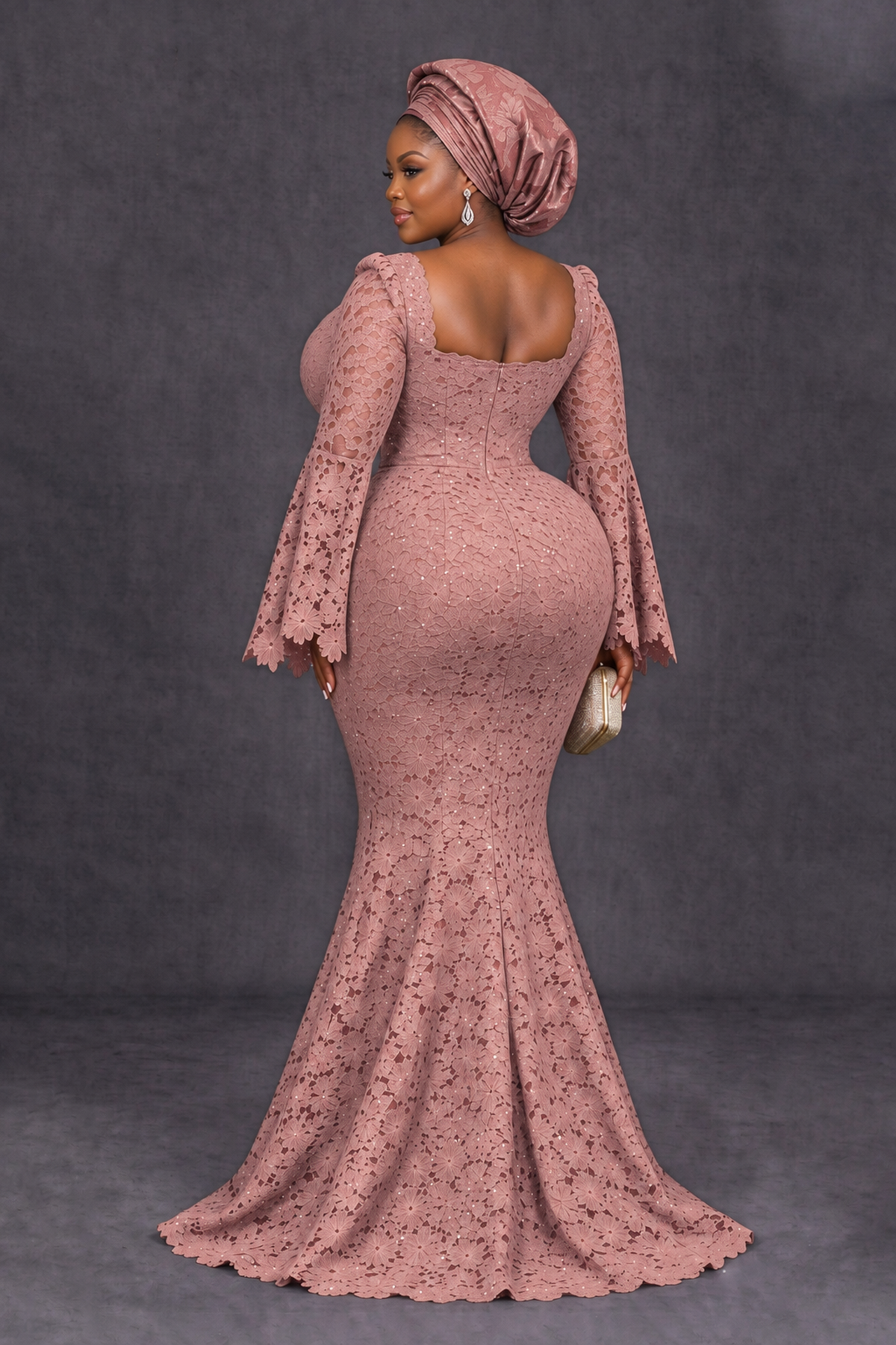 BOLODOO Dusty Rose African Lace Mermaid Dress, Plus Size Nigerian Wedding Guest Gown with Bell Sleeves - Dusty Rose - Dusty Rose_2