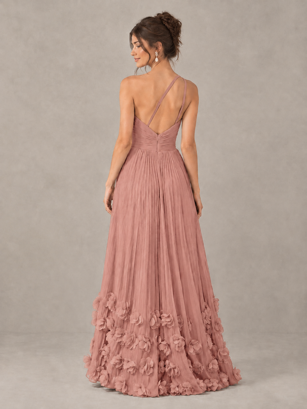BOLODOO Dusty Rose One-Shoulder Pleated Bridesmaid Dress with 3D Floral Hem - Dusty Rose - Dusty Rose_2
