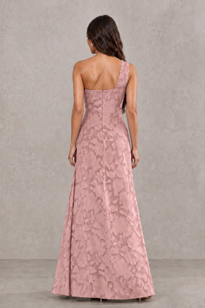 BOLODOO Dusty Rose One-Shoulder Floral Textured Maxi Dress with High Slit - Dusty Rose - Dusty Rose_2