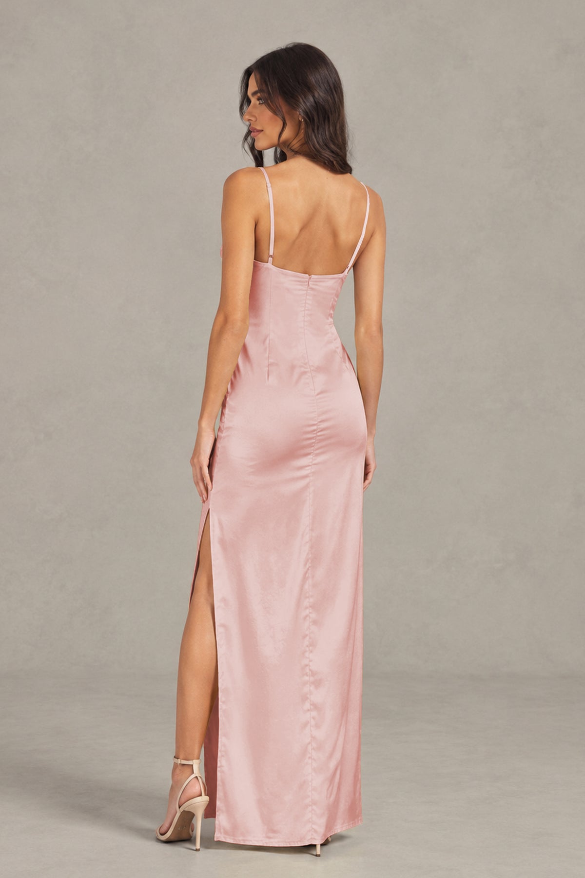 BOLODOO Dusty Rose Satin Cowl Neck Open Back Mermaid Maxi Dress with Side Slit - Dusty Rose