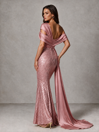 BOLODOO Dusty Rose Sequin Mermaid Evening Dress with Off-Shoulder Satin Drape and Sweep Train - Dusty Rose - Dusty Rose_2