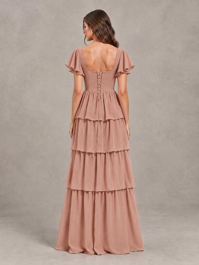 BOLODOO Dusty Rose Flutter Sleeve Tiered Maxi Bridesmaid Dress - Dusty Rose - Dusty Rose_2