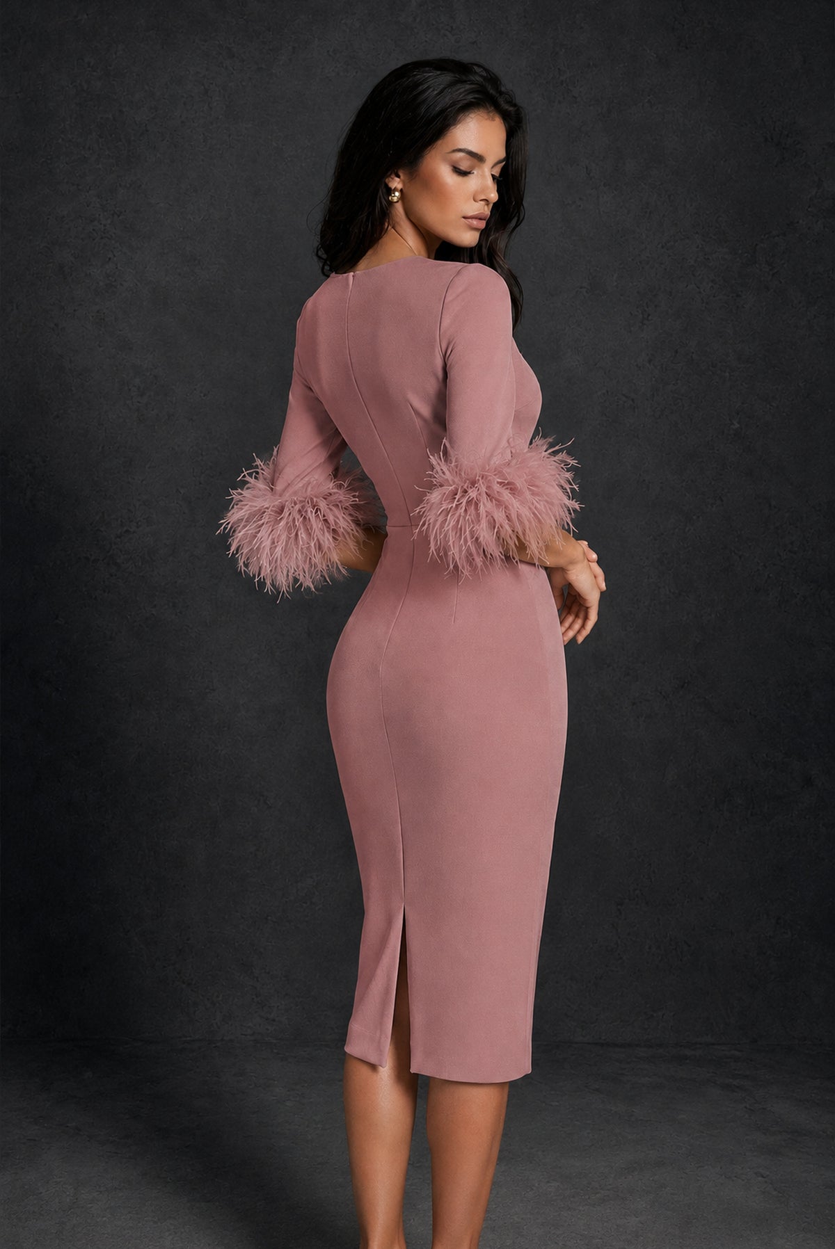 BOLODOO Dusty Rose Ostrich Feather Cuff 3/4 Sleeve Round Neck Bodycon Midi Dress with Back Slit - Dusty Rose