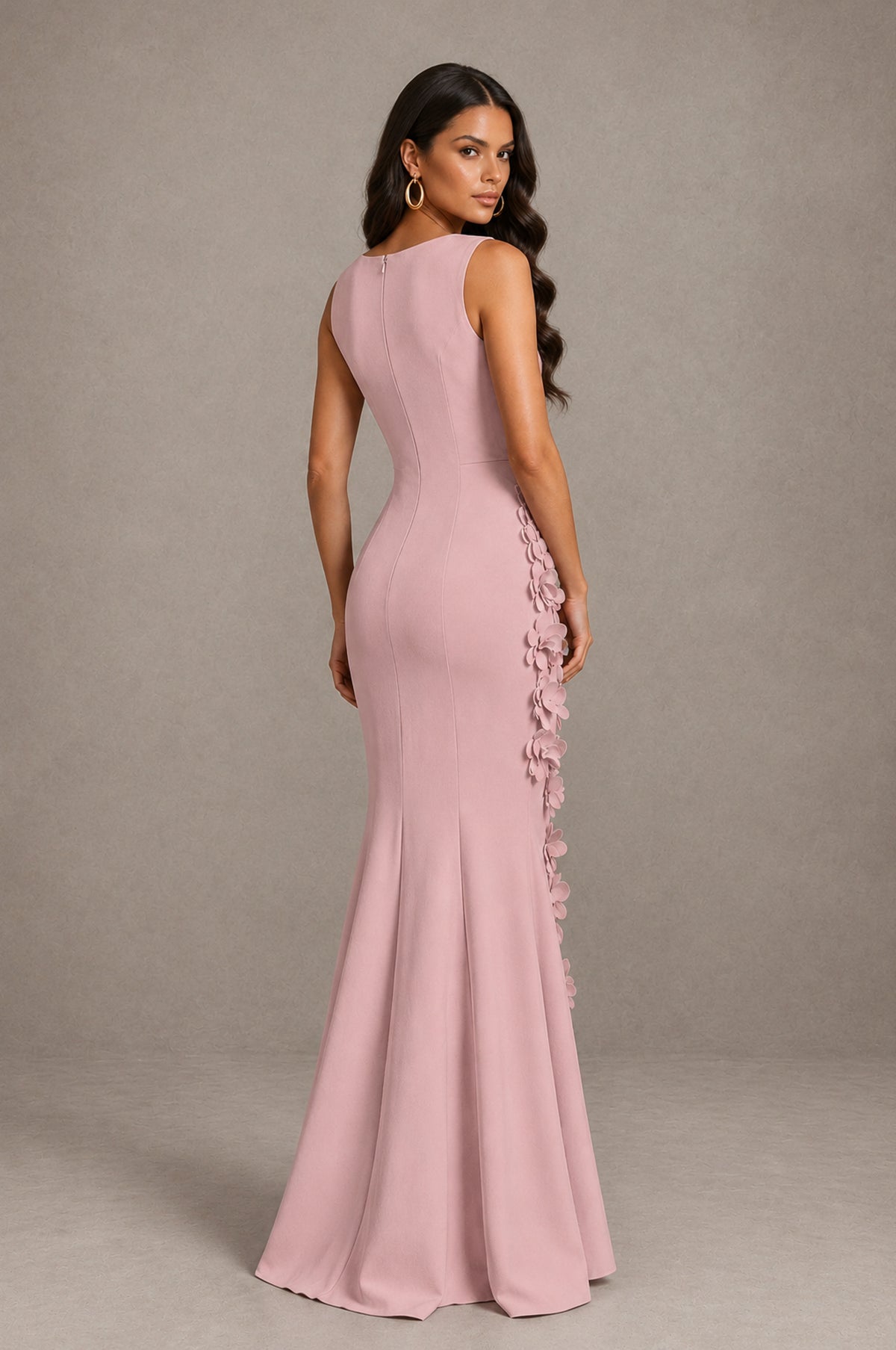 BOLODOO Dusty Rose Bateau Neck Sleeveless Asymmetric Peplum 3D Petal Appliqué Mermaid Gown BD0421 - Dusty Rose - Dusty Rose_2
