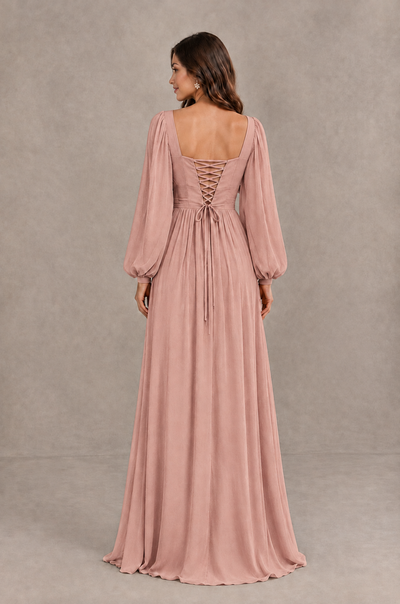 BOLODOO Dusty Rose Long Sleeve V-Neck A-Line Bridesmaid Dress - Dusty Rose - Dusty Rose_2