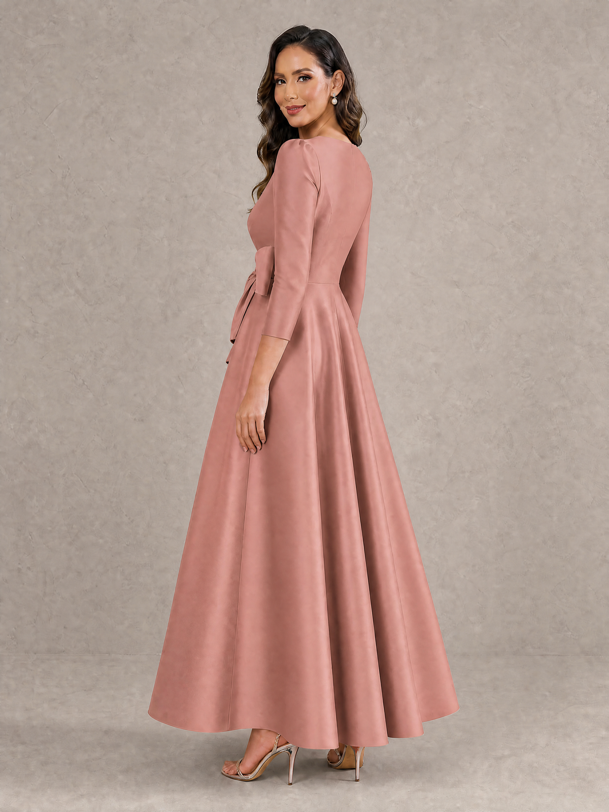 BOLODOO Dusty Rose Satin Deep V-Neck Wrap 3/4 Puff Sleeve A-Line Ball Gown Maxi Dress with Oversized Bow Belt - Dusty Rose