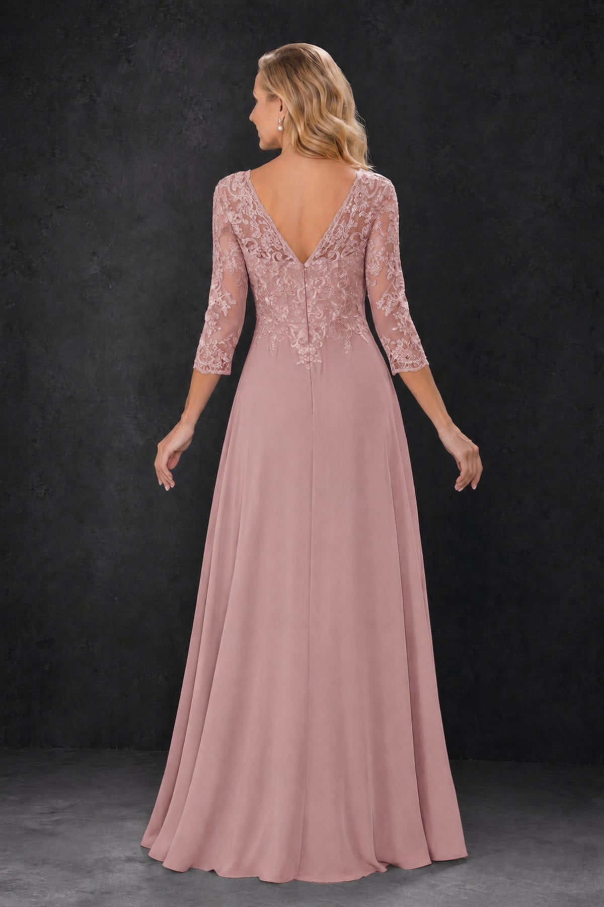 BOLODOO Dusty Rose Lace Embroidered Mother of the Bride Dress with 3/4 Sleeves - Dusty Rose