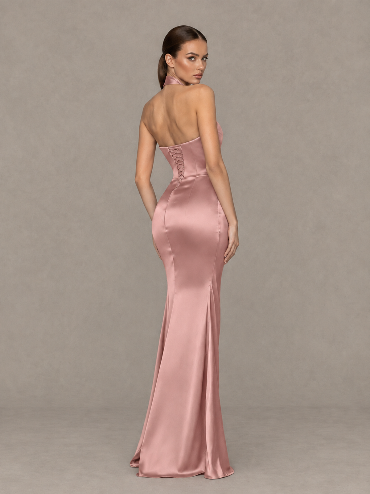 BOLODOO Dusty Rose Cross-Halter Ruched Satin-Look Evening Gown with High Slit - Dusty Rose - Dusty Rose_2