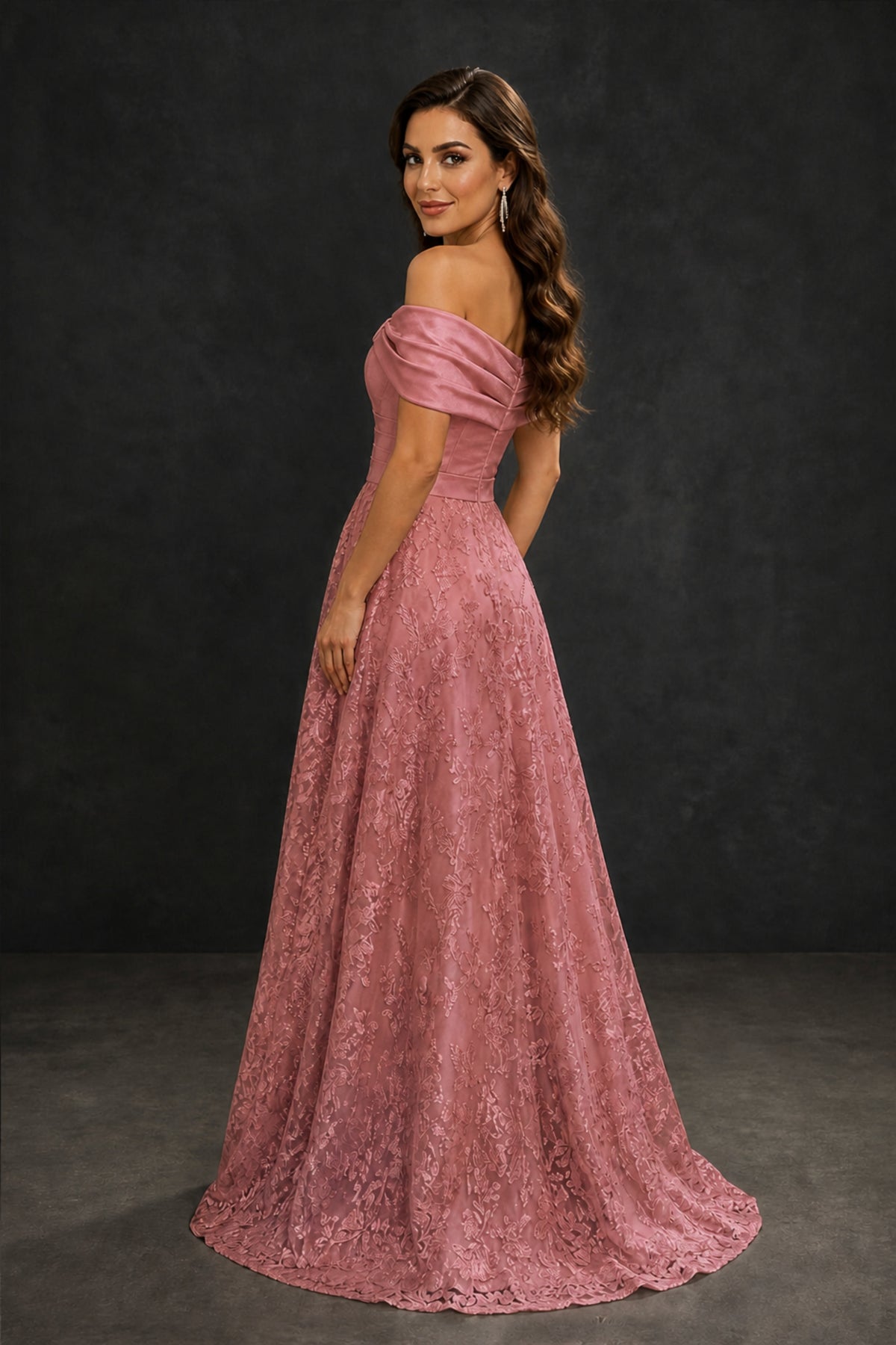 BOLODOO Dusty Rose Lace Glitter Off Shoulder Cap Sleeve A-Line Ball Gown with Train – Formal Evening Dress - Dusty Rose