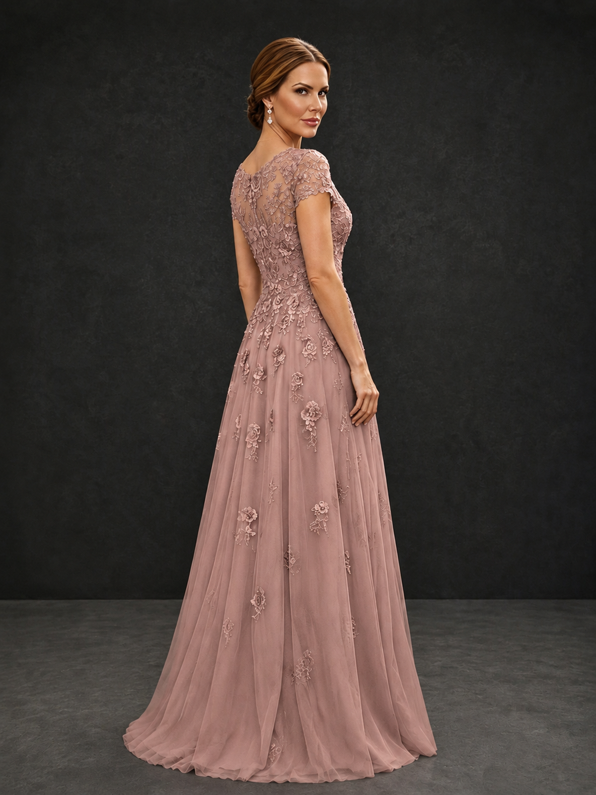 BOLODOO Dusty Rose Cap Sleeve Lace Appliqué A-Line Formal Gown | Mother of the Bride Dress - Dusty Rose - Dusty Rose_2