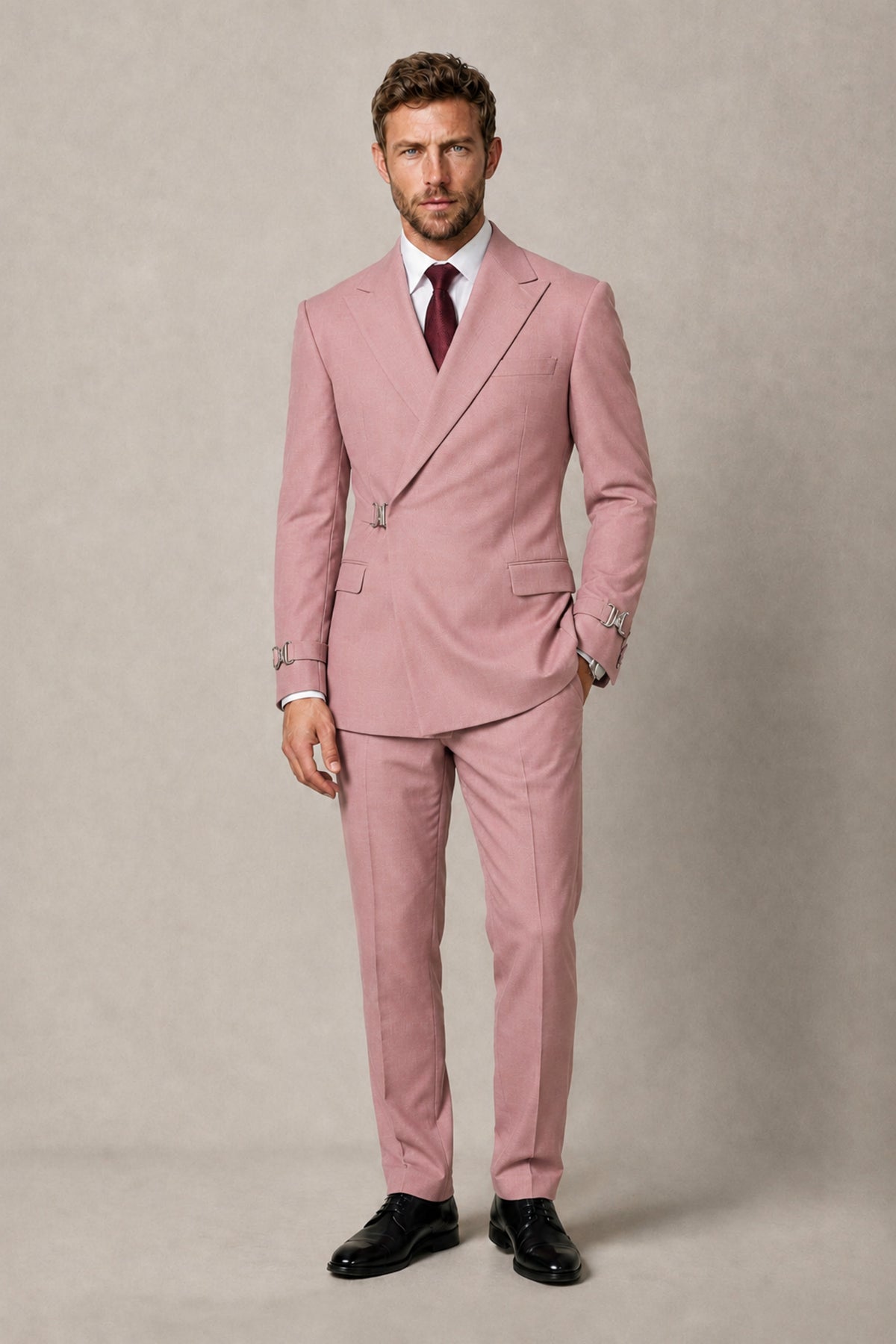 BOLODOO Men's Dusty Rose Double-Breasted 2-Piece Suit Set – Blazer & Tailored Trousers - Dusty Rose