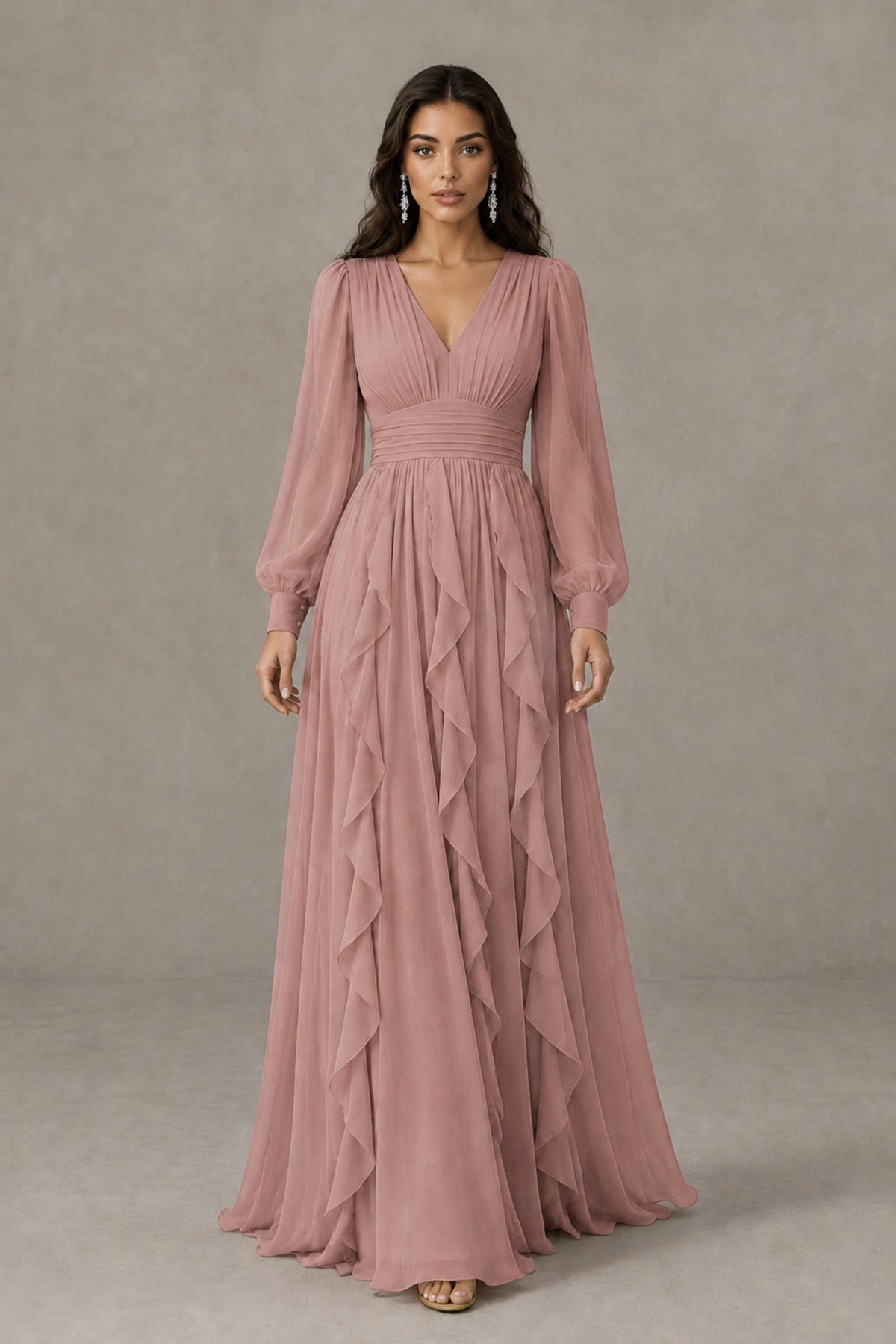 BOLODOO Dusty Rose Long Sleeve V-Neck Ruffle Maxi Dress - Dusty Rose