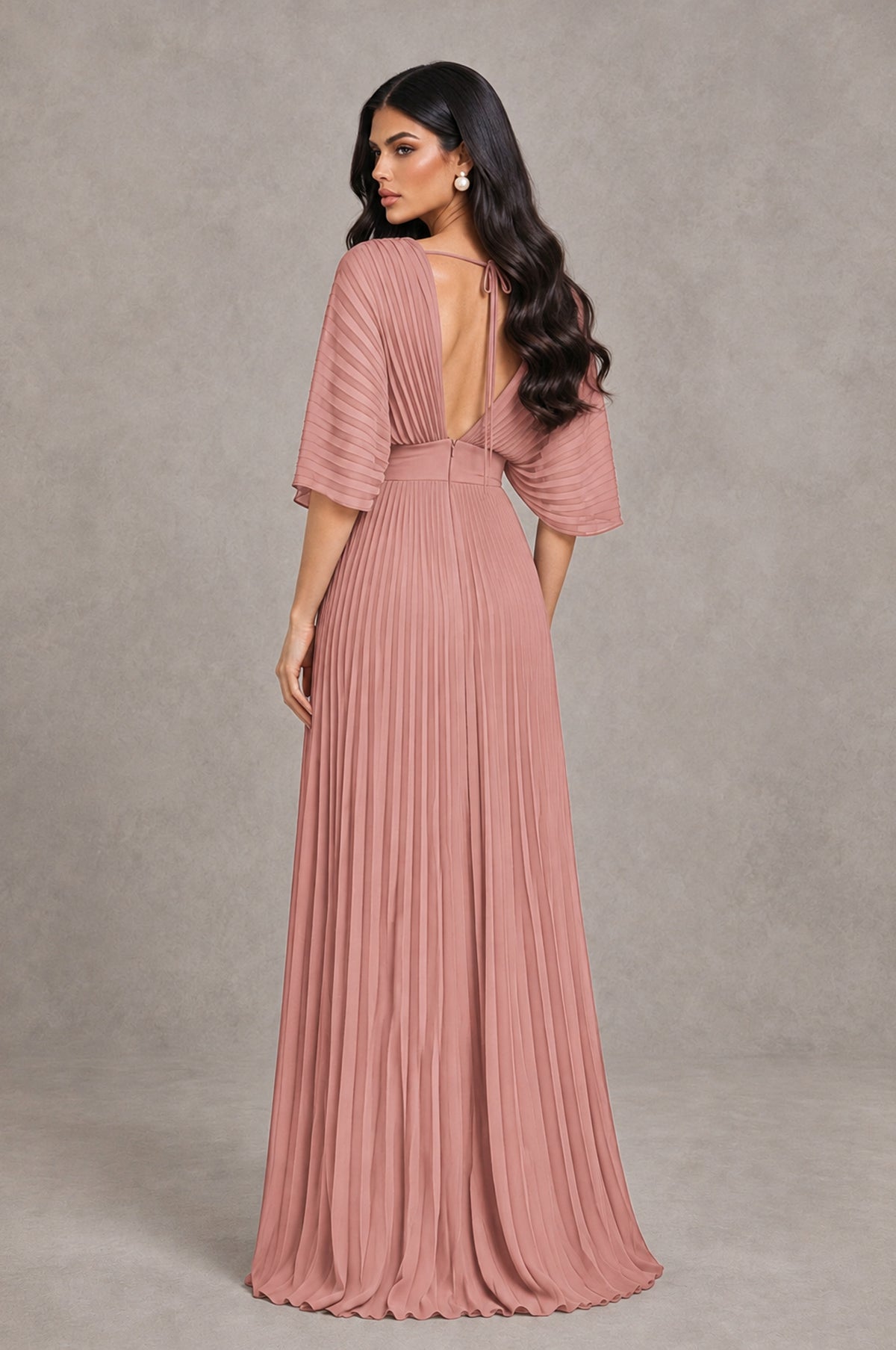 BOLODOO Dusty Rose V-Neck Pleated Flutter Sleeve Formal Dress - Dusty Rose - Dusty Rose_2