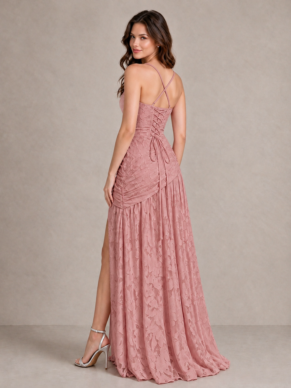 BOLODOO Dusty Rose Floral Jacquard Bridesmaid Dress with Square Neck, Lace-Up Back & High Slit - Dusty Rose - Dusty Rose_2
