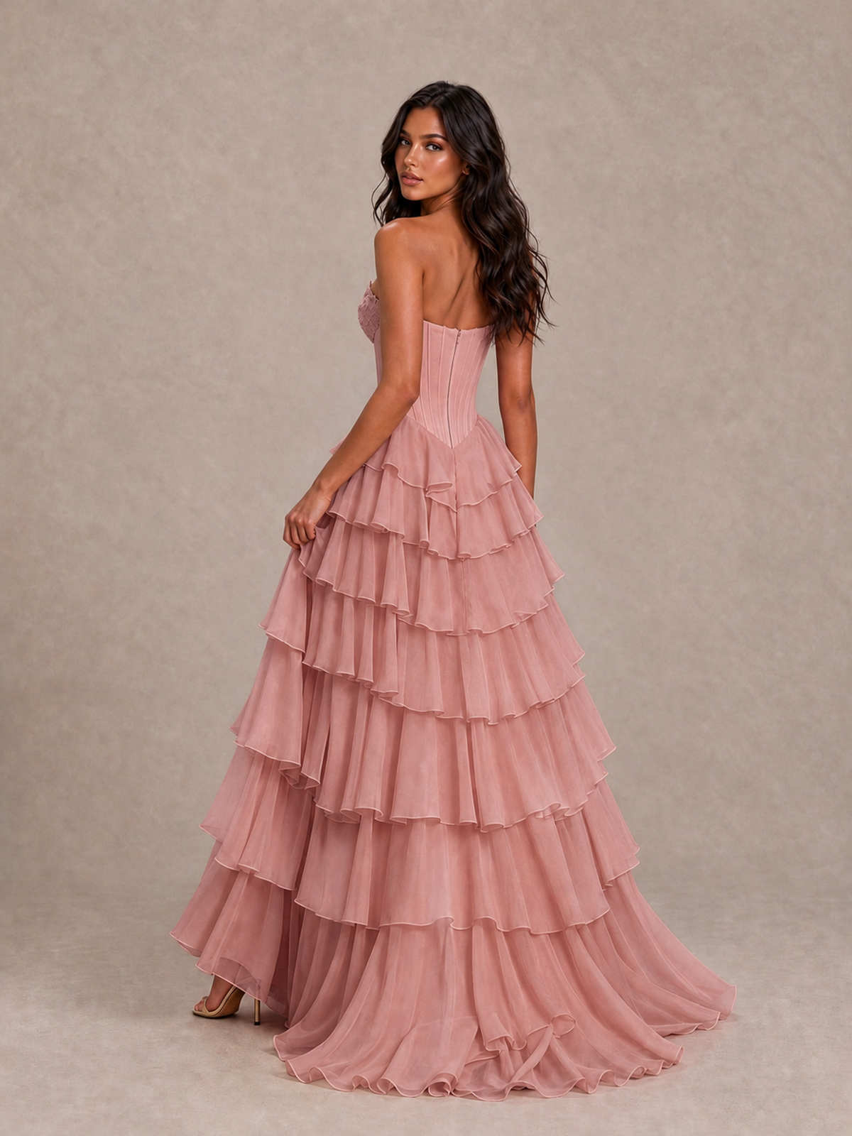 BOLODOO Dusty Rose Strapless Corset Tiered Ruffle Prom Dress with High Slit - Dusty Rose - Dusty Rose_2