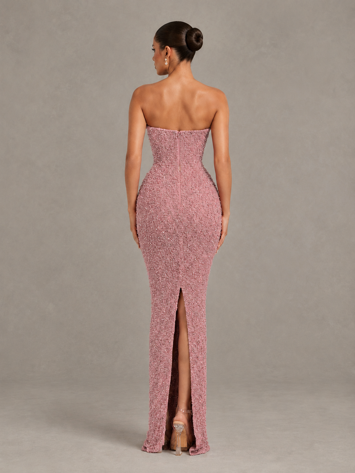 BOLODOO Dusty Rose Strapless Sequin Evening Gown with Floral Neckline - Dusty Rose - Dusty Rose_2