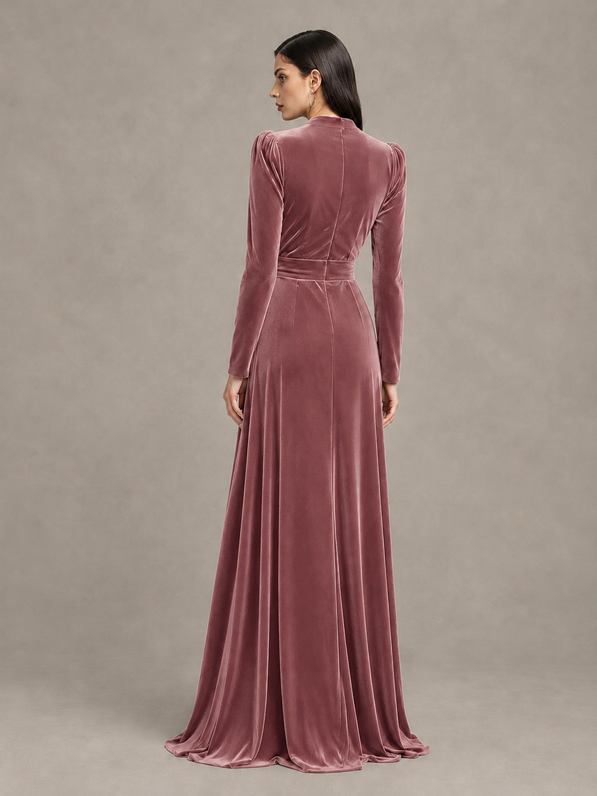 BOLODOO Dusty Rose Long Sleeve Velvet-Look Evening Dress with High Slit - Dusty Rose - Dusty Rose_2