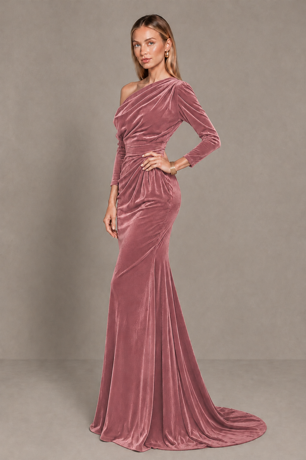 BOLODOO Dusty Rose Velvet Asymmetric Neck Mermaid Evening Dress - Dusty Rose - Dusty Rose_2
