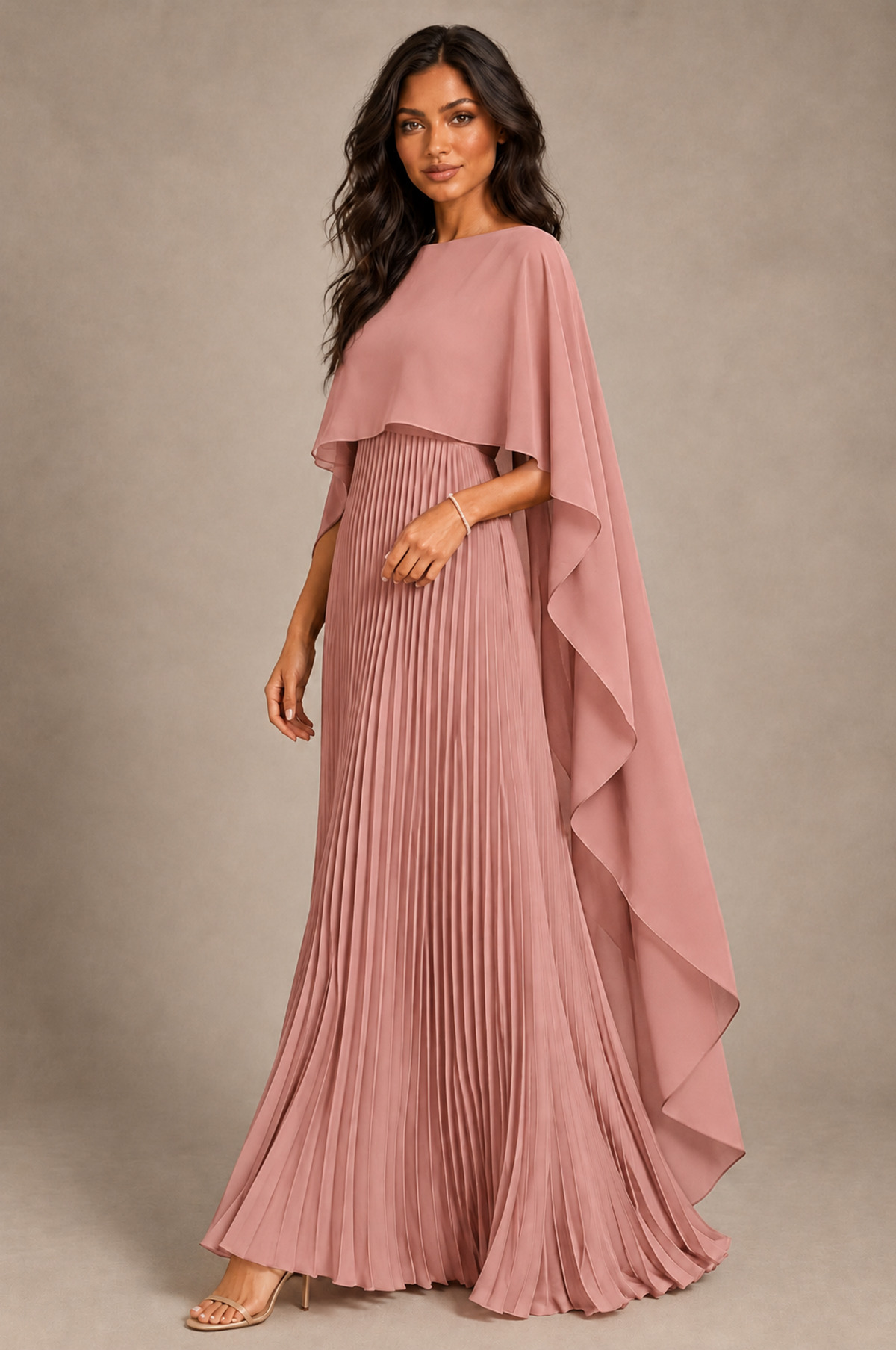 BOLODOO Dusty Rose Pleated Cape A-Line Evening Dress - Dusty Rose - Dusty_Rose_2