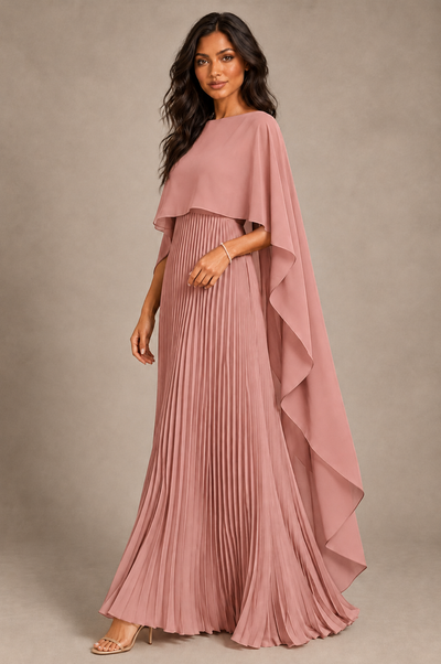 BOLODOO Dusty Rose Pleated Cape A-Line Evening Dress - Dusty Rose - Dusty_Rose_2