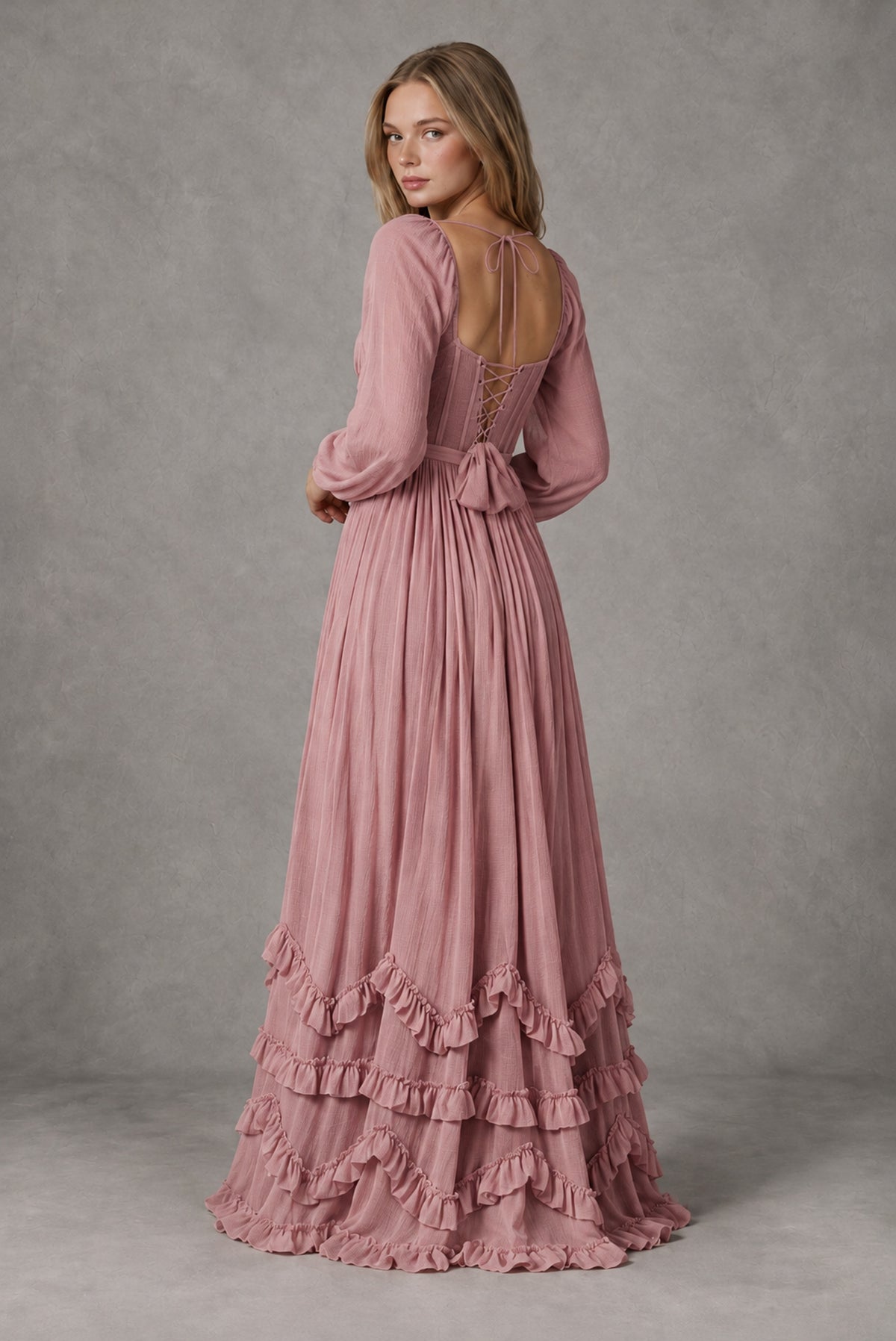 Dusty Rose Long-Sleeve Ruffle Maxi Dress with Lace-Up Back and Slit - Dusty Rose