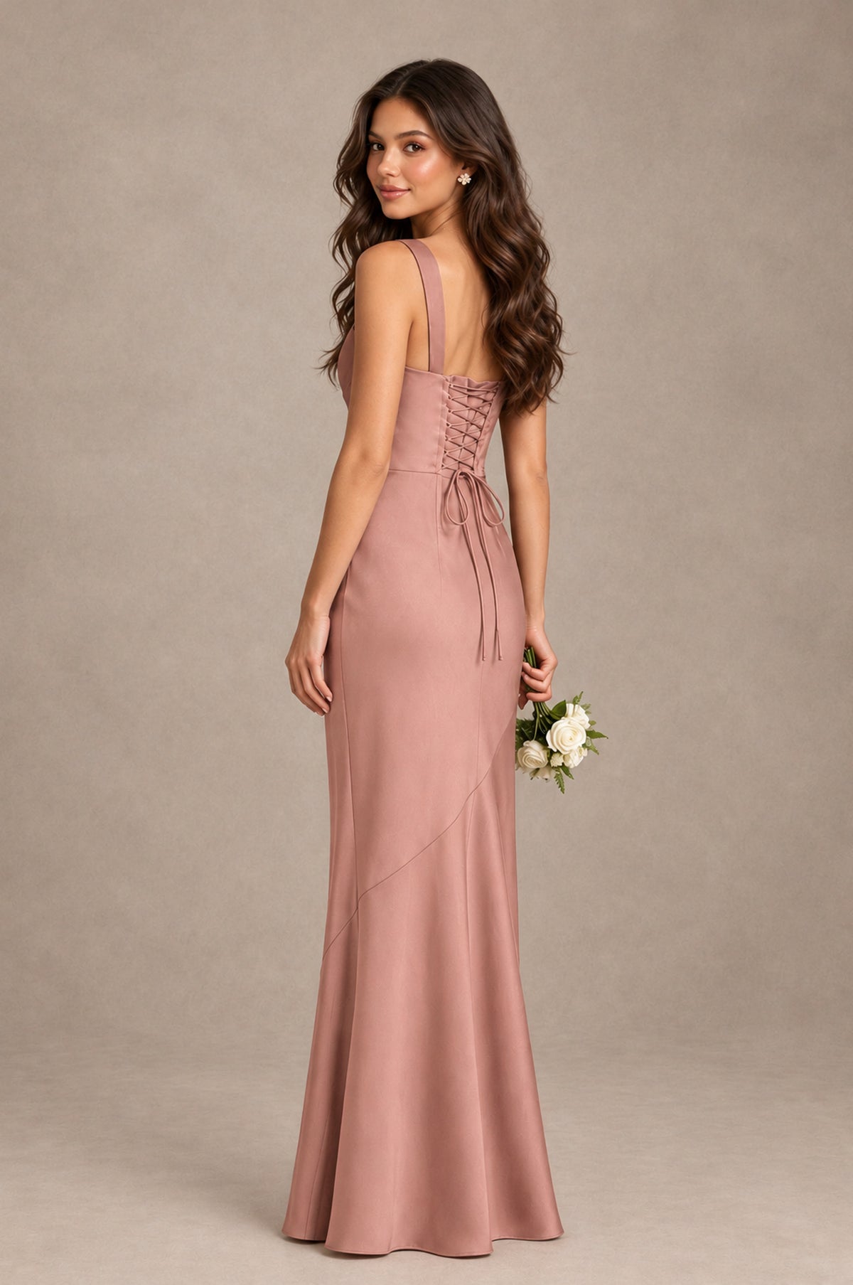 BOLODOO Dusty Rose Square Neck Ruched Satin Lace-Up Bridesmaid Dress - Dusty Rose - Dusty Rose_2