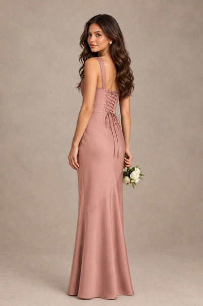 BOLODOO Dusty Rose Square Neck Ruched Satin Lace-Up Bridesmaid Dress - Dusty Rose - Dusty Rose_2