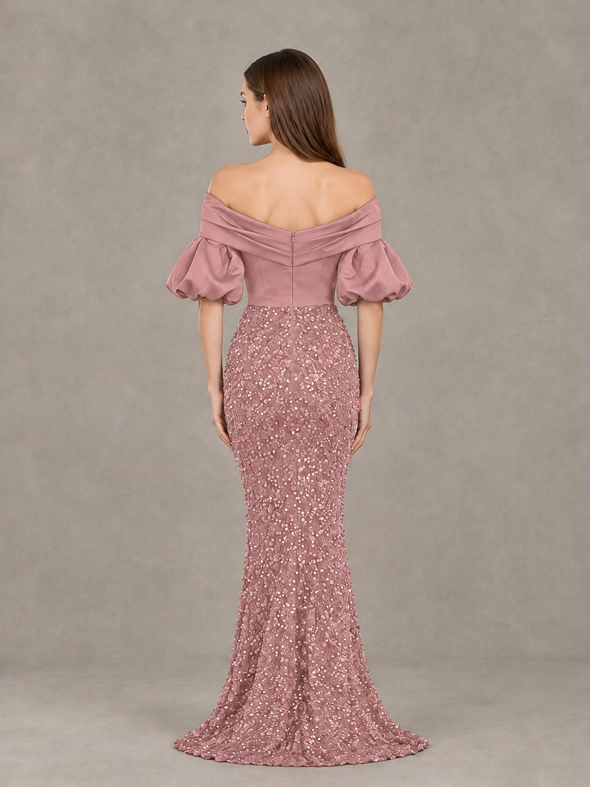 BOLODOO Dusty Rose Off-Shoulder Puff Sleeve Sequin Mermaid Evening Dress - Dusty Rose - Dusty Rose_2