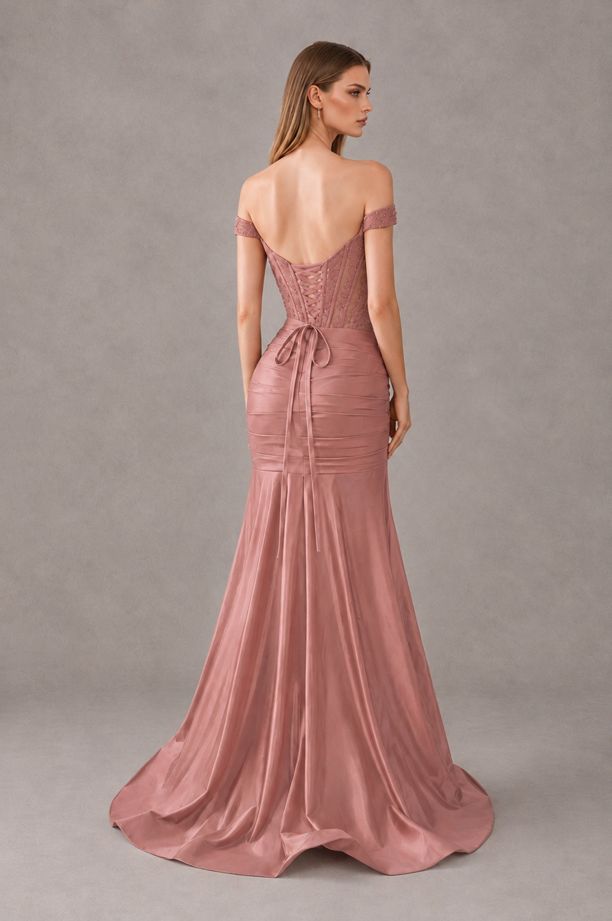 BOLODOO Dusty Rose Off-Shoulder Corset Mermaid Prom Dress with Slit Sequin Lace Evening Gown - Dusty Rose - Dusty Rose_2