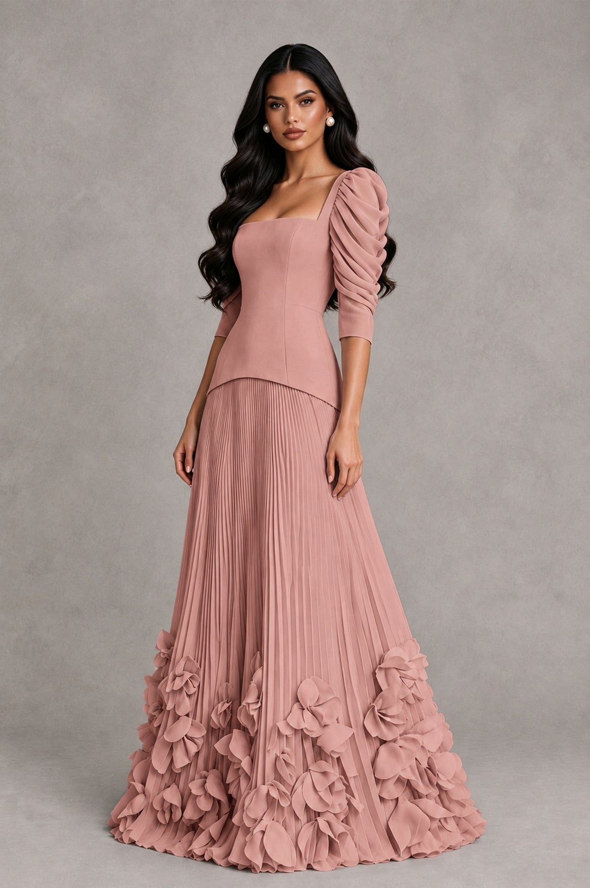BOLODOO Dusty Rose Square Neck Pleated Floral Applique Evening Dress - Dusty Rose - Dusty Rose_3