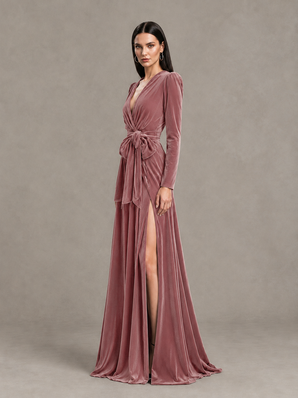 BOLODOO Dusty Rose Long Sleeve Velvet-Look Evening Dress with High Slit - Dusty Rose - Dusty Rose_3