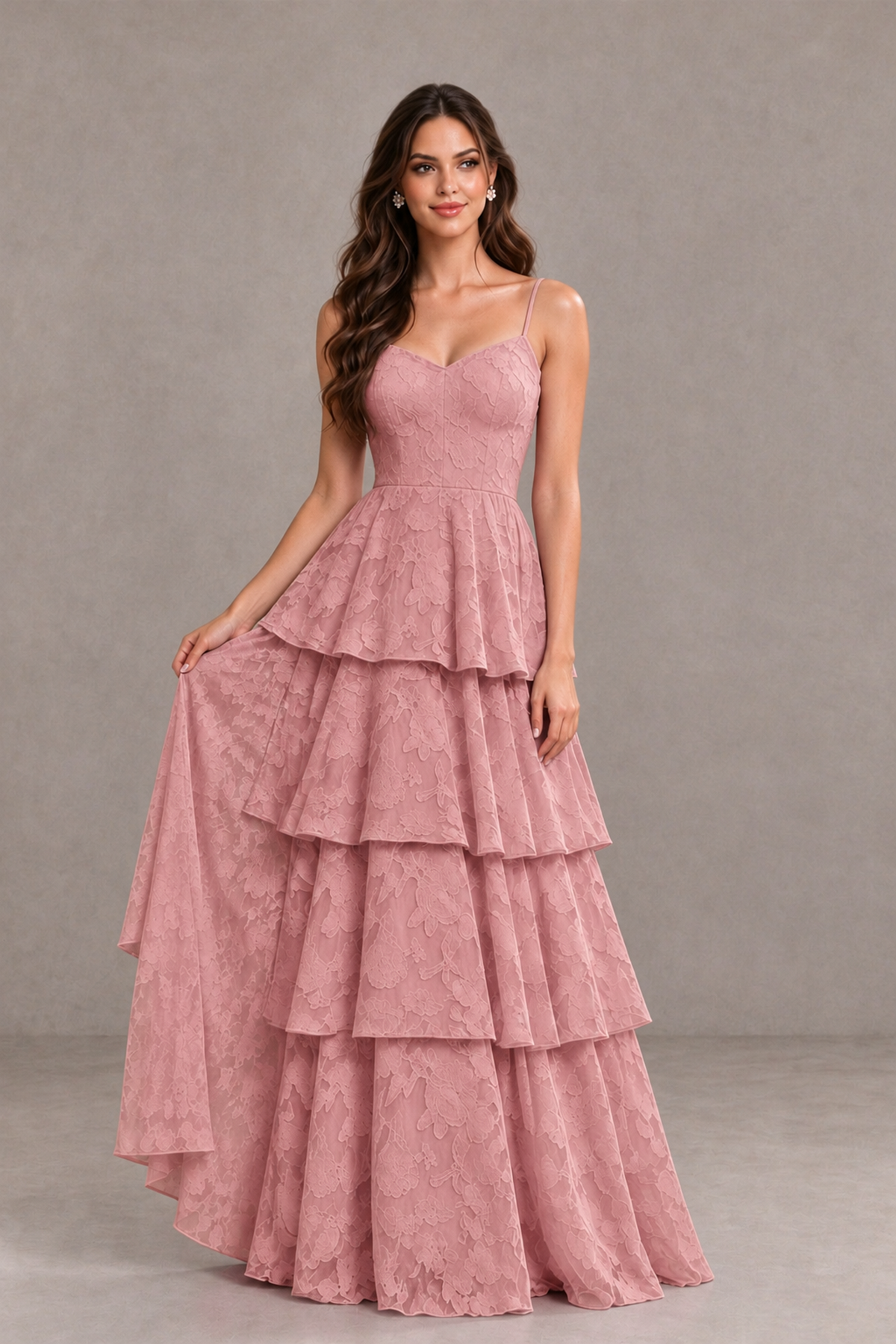BOLODOO Dusty Rose Tiered Floral-Textured Spaghetti Strap Maxi Dress - Dusty Rose - Dusty Rose_3