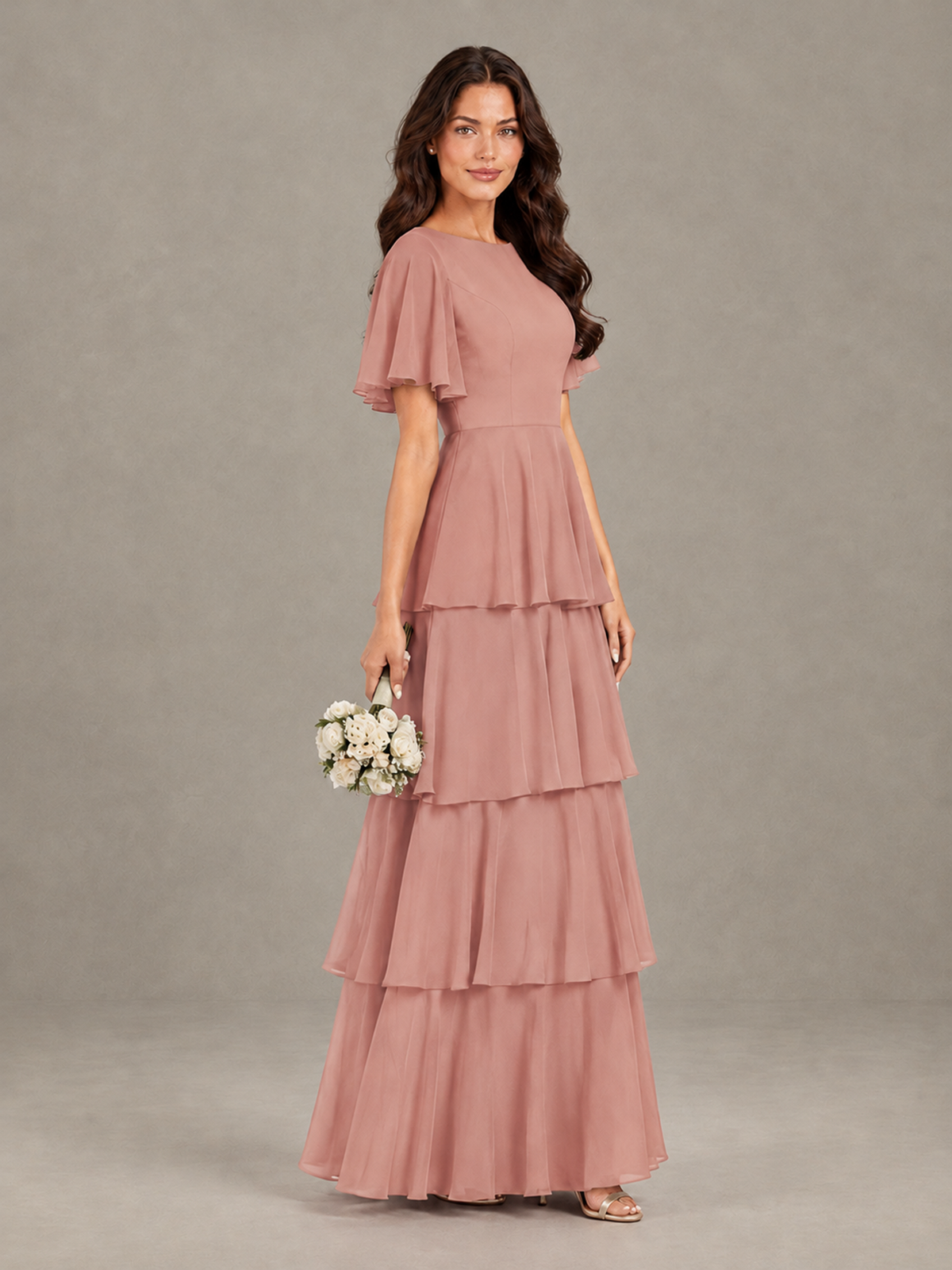 BOLODOO Dusty Rose Tiered Flutter Sleeve Bridesmaid Dress - Dusty Rose - Dusty Rose_3