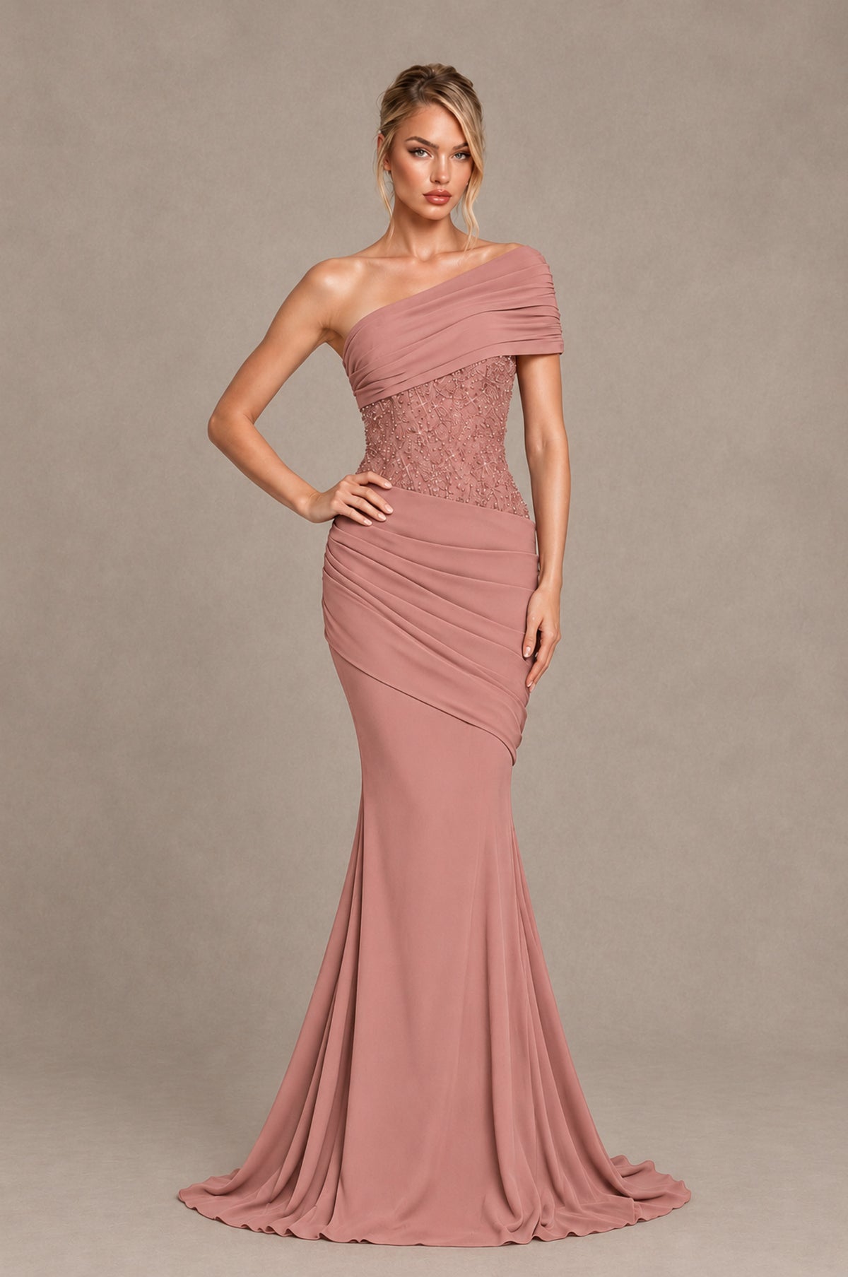 BOLODOO Dusty Rose One-Shoulder Sequin Embroidered Ruched Mermaid Gown with Train - Dusty Rose - Dusty Rose_3