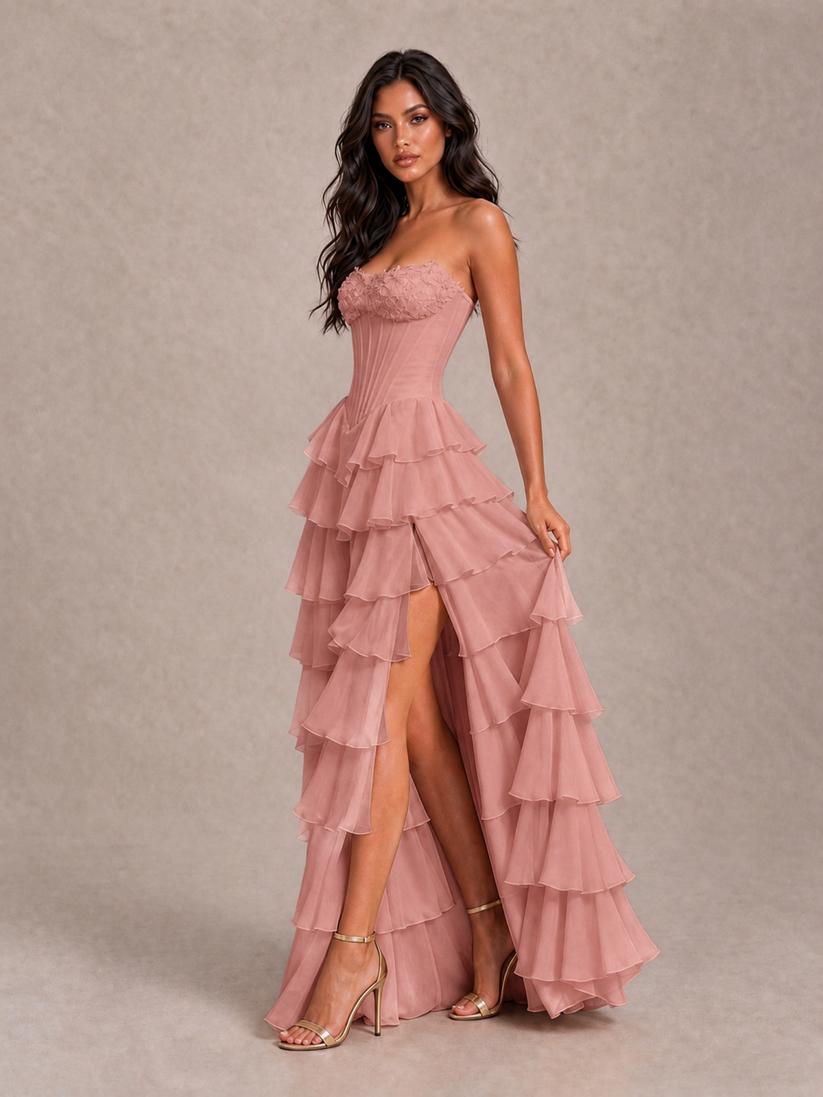 BOLODOO Dusty Rose Strapless Corset Tiered Ruffle Prom Dress with High Slit - Dusty Rose - Dusty Rose_3