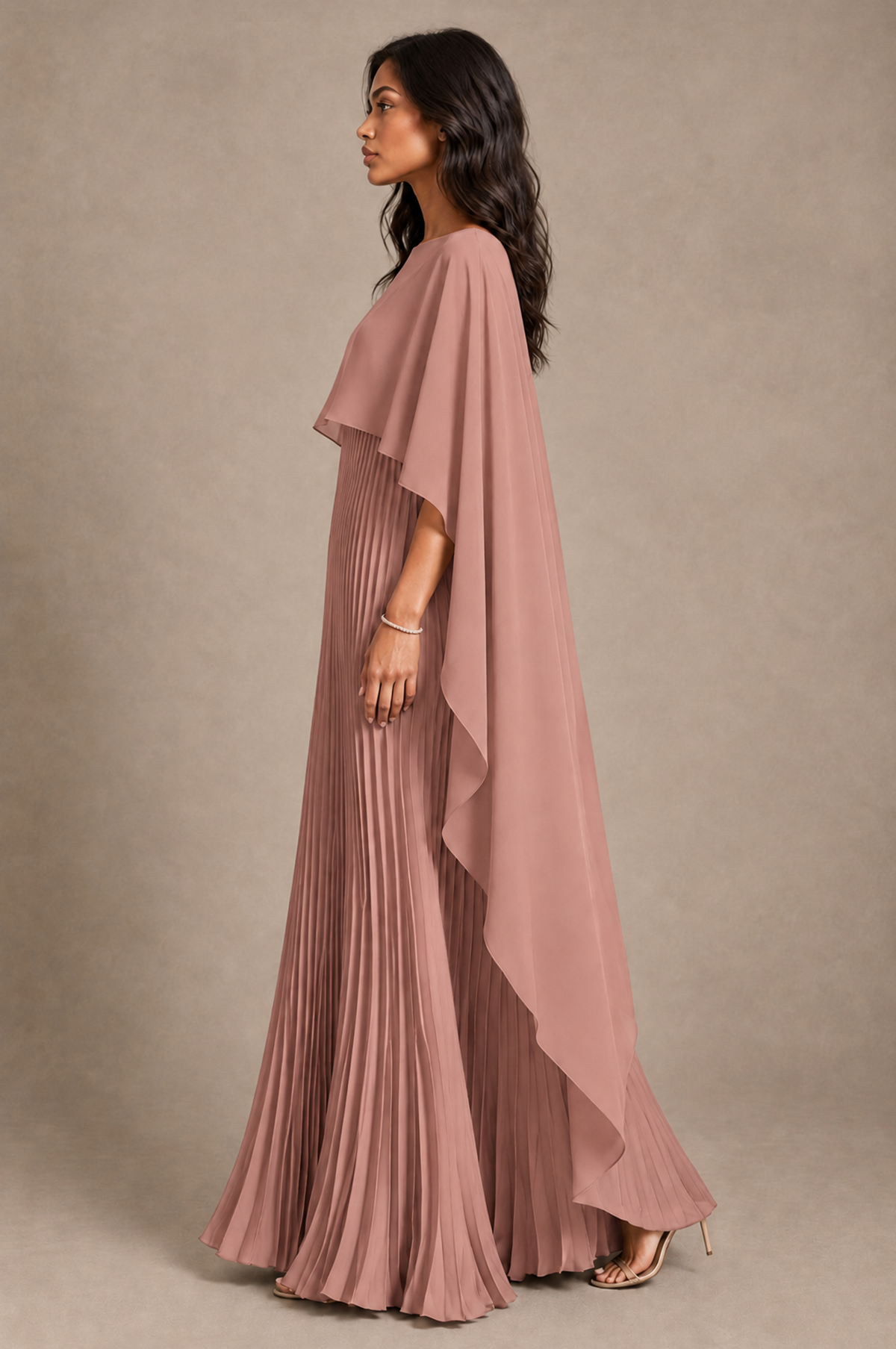 BOLODOO Dusty Rose Pleated Cape A-Line Evening Dress - Dusty Rose - Dusty_Rose_3
