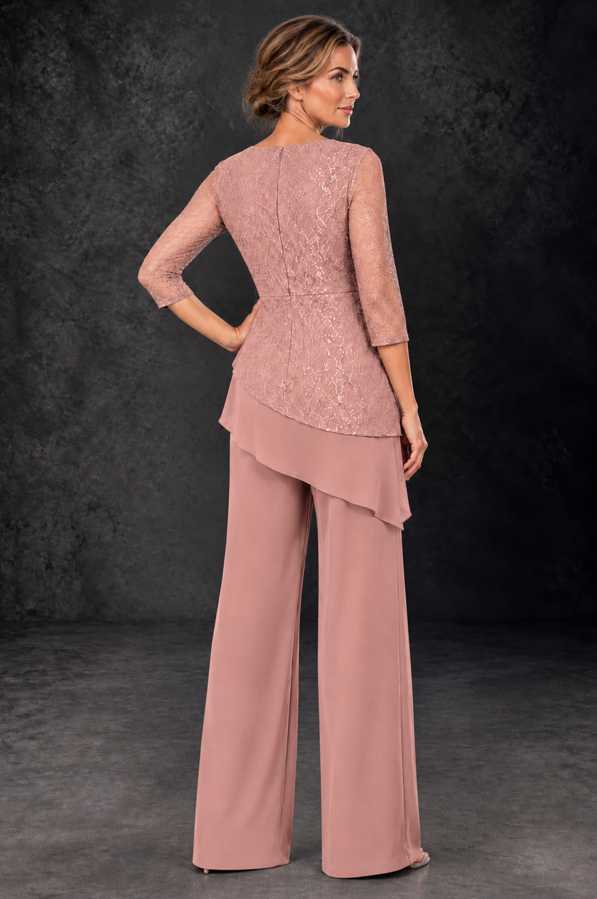 BOLODOO Dusty Rose Sequin Lace 3/4 Sleeve Chiffon Mother of the Bride Pant Suit - Dusty Rose - Dusty_Rose_3